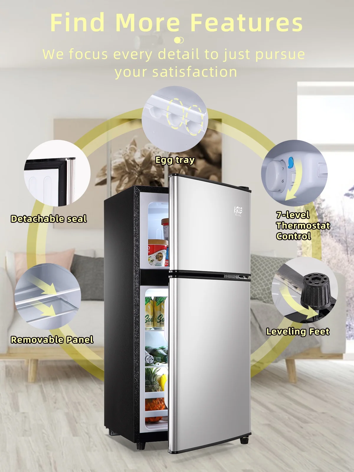 Krib B Compact Refrigerator 3.5 Cu.ft, Mini Fridge with Freezer, Modern Fridge with Dual Door, 7 Grade Temperature Adjustment, Silver - Image 6