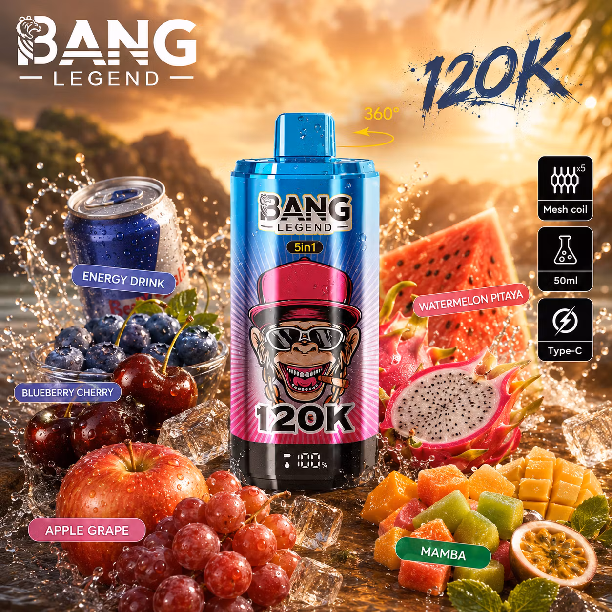 BANG LEGEND 120 000 puffów 5w1 – Energy Drink, Mamba, Blueberry Cherry, Apple Grape, Watermelon Pitaya