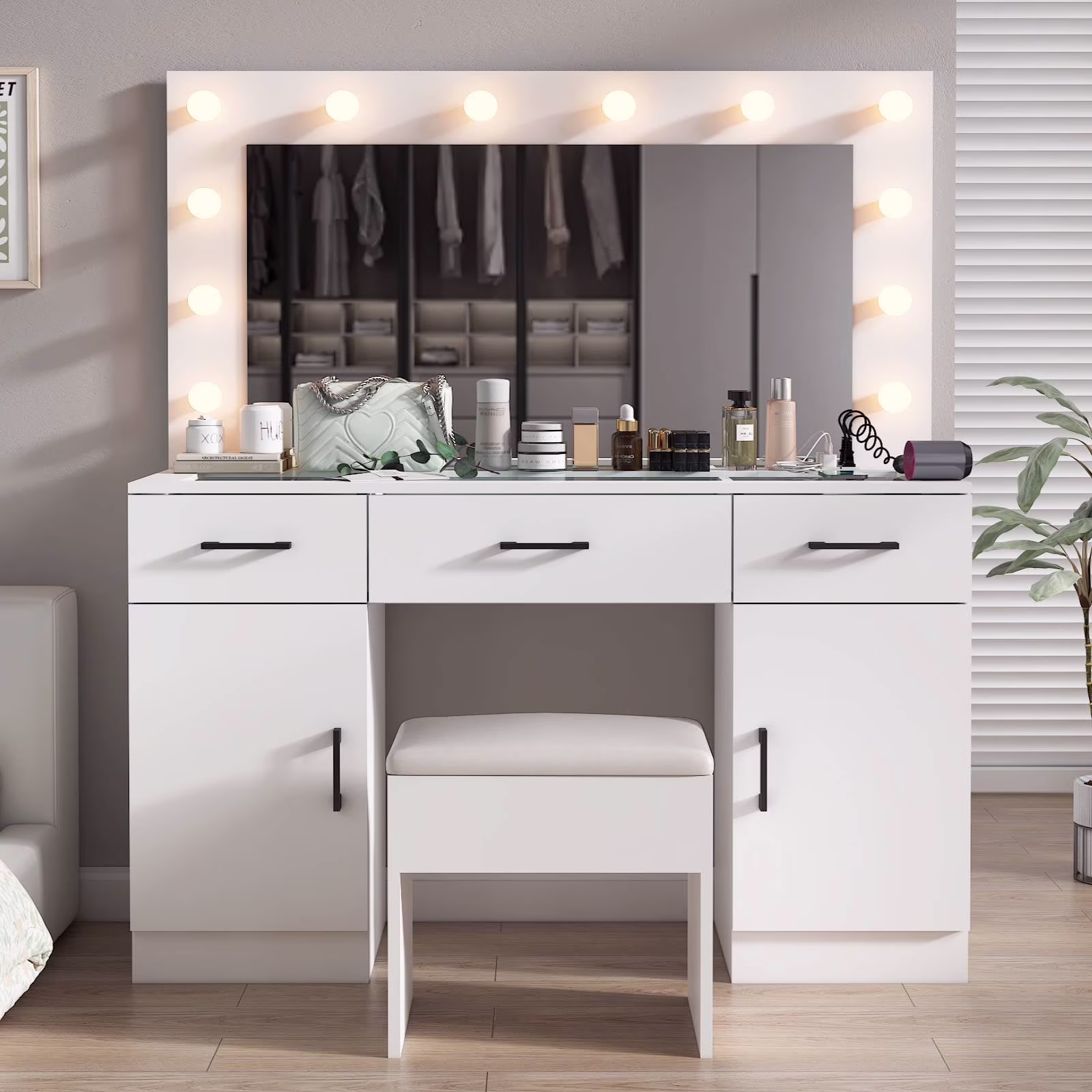 Ktaxon Large Makeup Vanity, Vanity Table Set w/ Visible Glass Top w/ Charging Station, White - Image 18