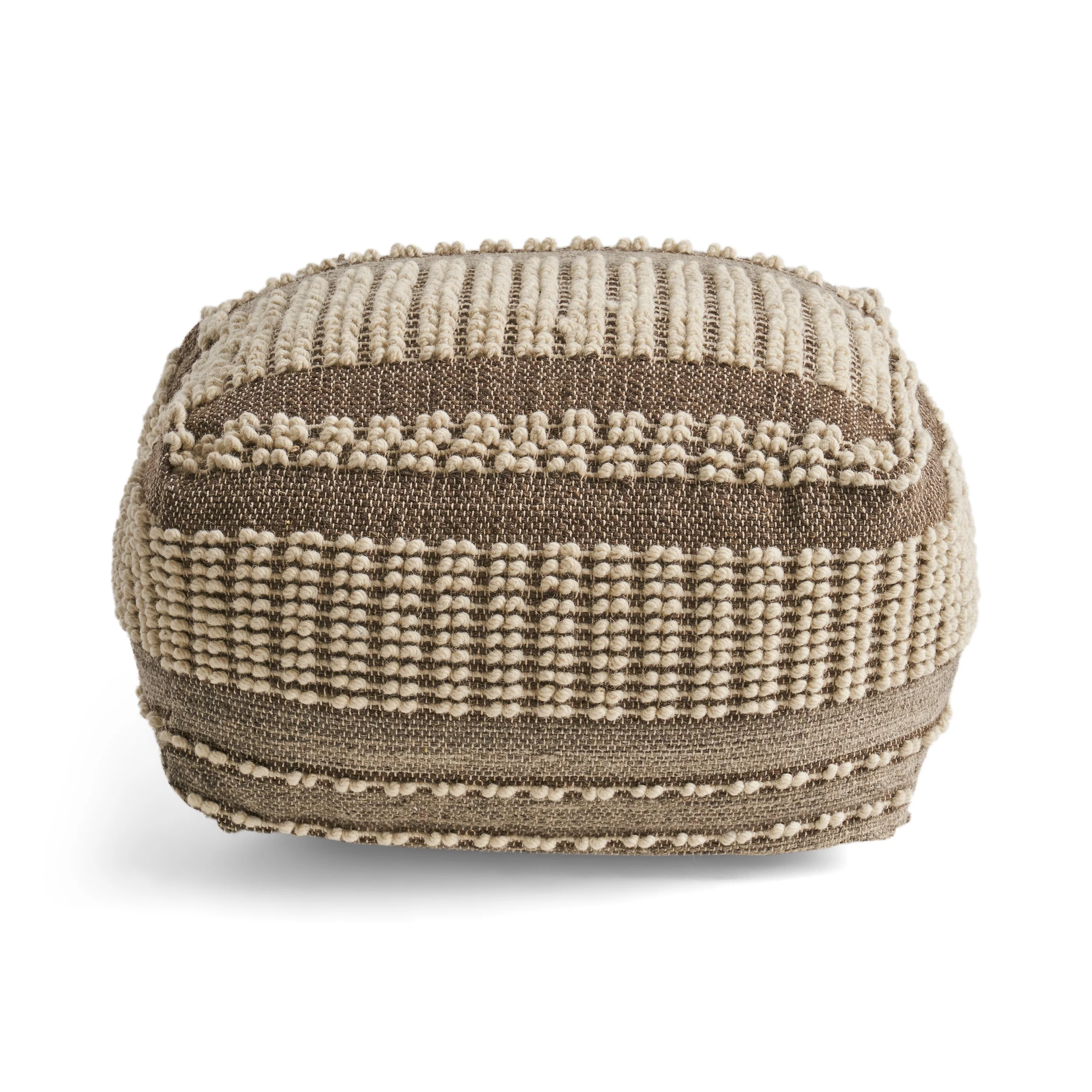 Noble House Lorelei Boho Wool and Cotton Large Ottoman Pouf, Gray and White