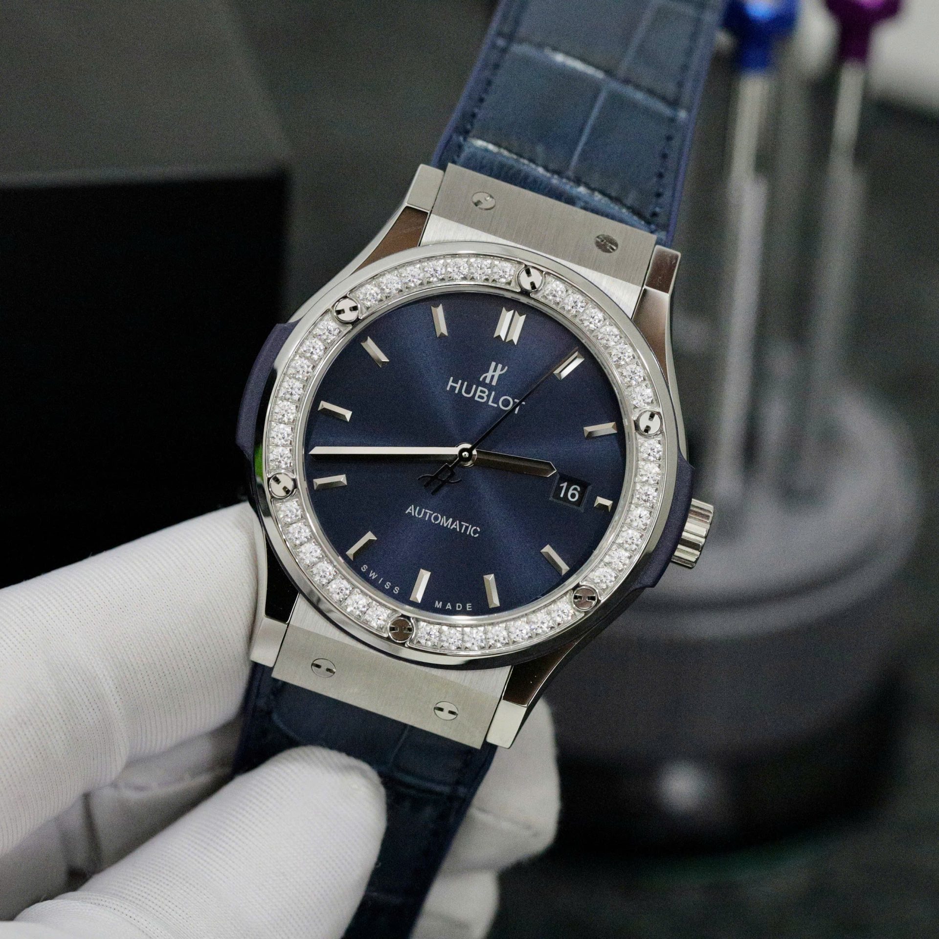 Hublot Classic Fusion Titanium Blue Dial Bezel Diamonds Replica Watch HB Factory 42mm - Elite Watch Atelier