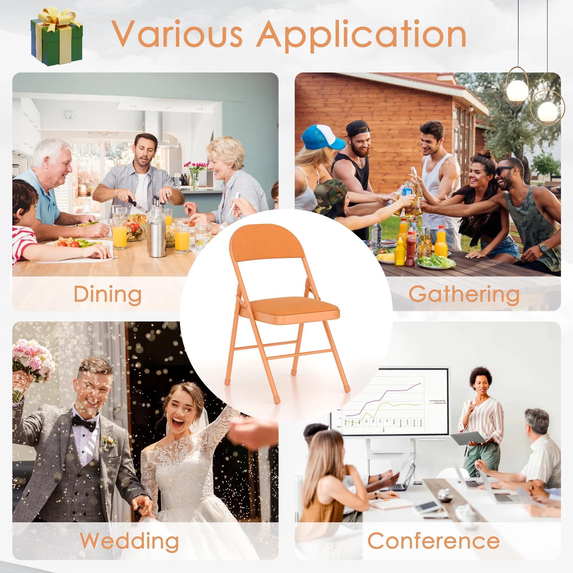 VECELO Set of 4 Folding Chairs, Fabric Dining Chair Set with Padded Cushion and Back, Indoor Outdoor Upholstered Seat with Metal Frame for Home Office Events Wedding Party, Orange - Image 8