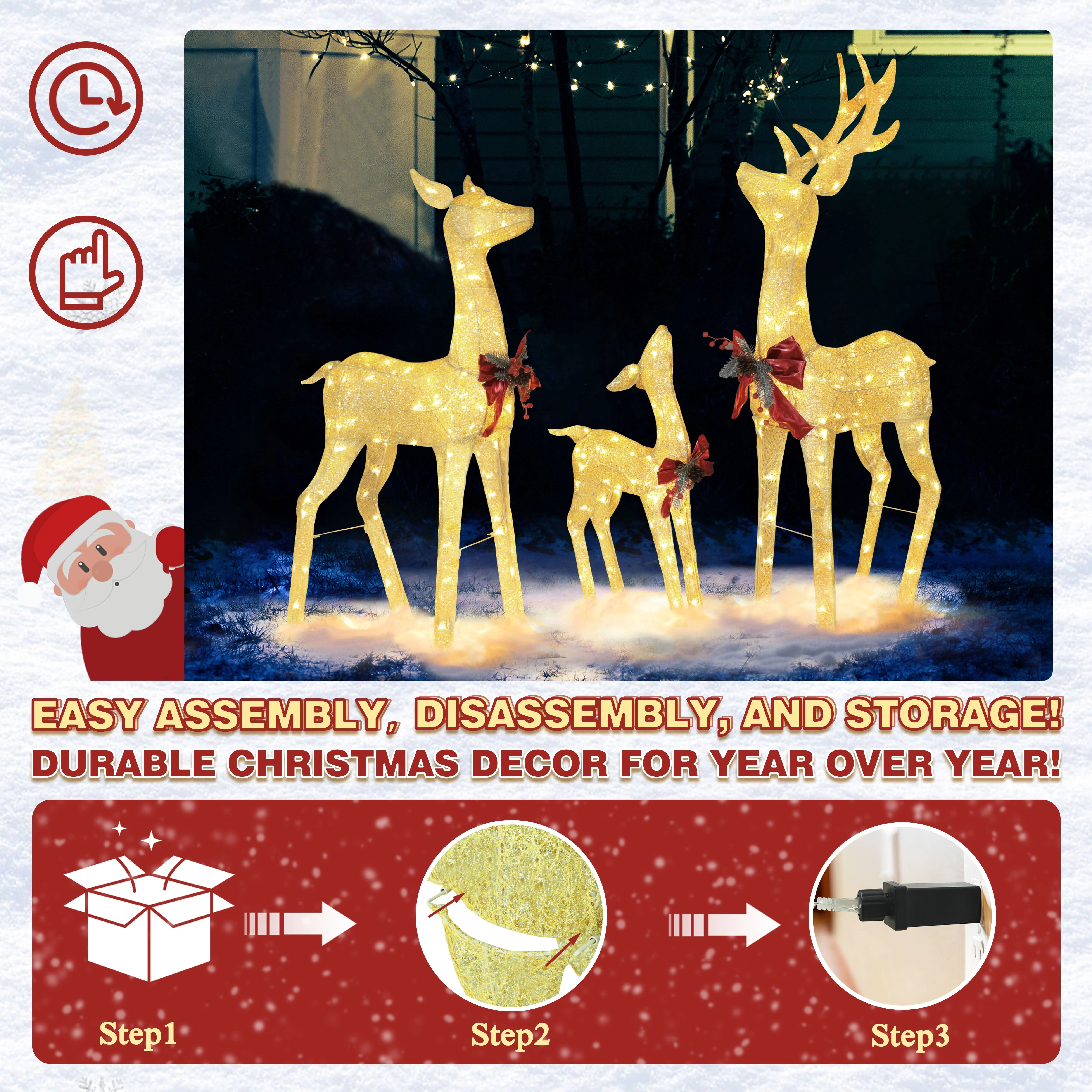 VEIKOUS Christmas Lighted Deer Family Set Outdoor Decor w/ 200 Warm Lights Reindeer Christmas Decor, Ground Stakes and Zip Ties, Gold - Image 5