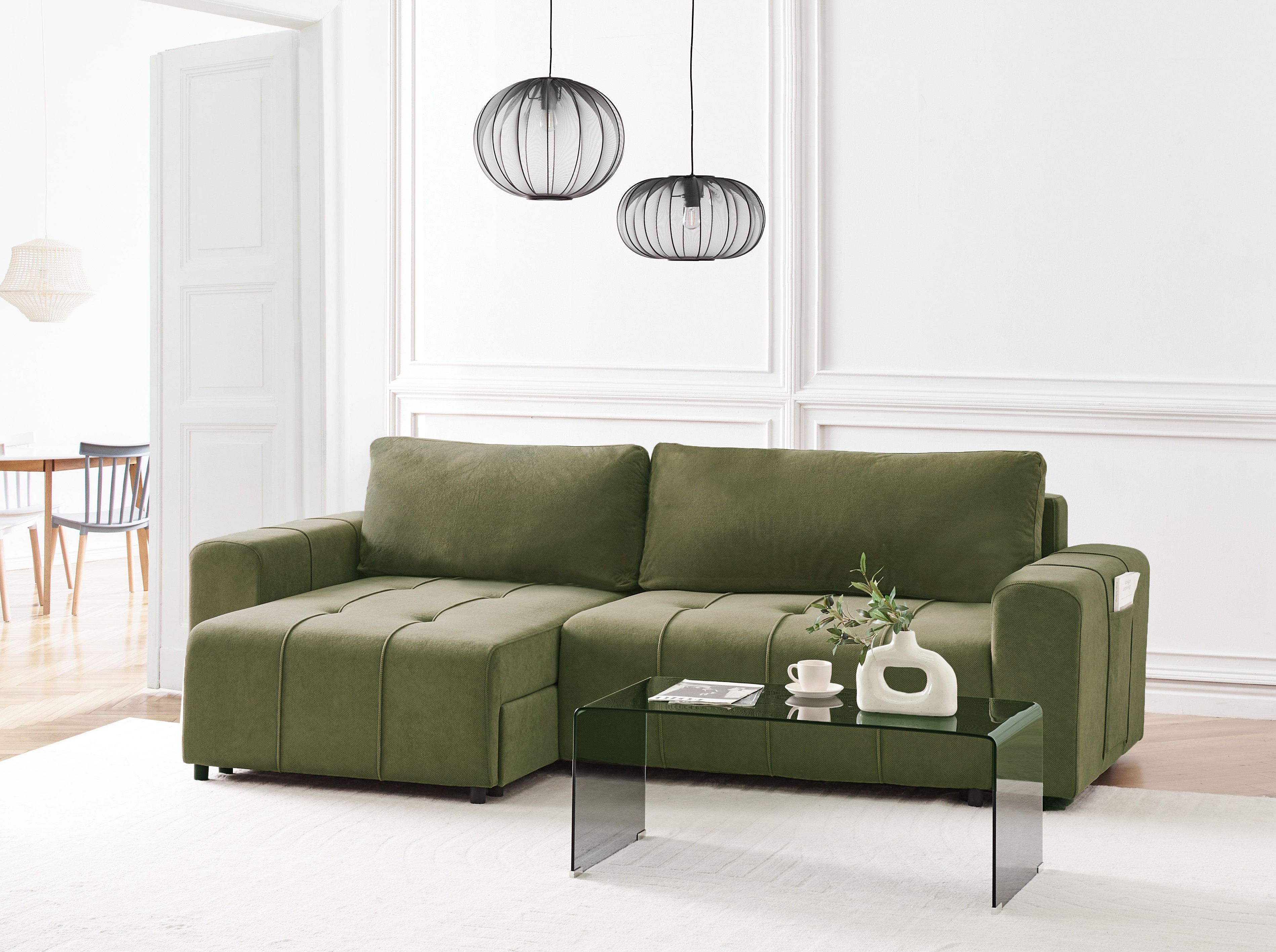 Corner Sofa Bed 3 Seater INNVIK Fabric Green Right Hand