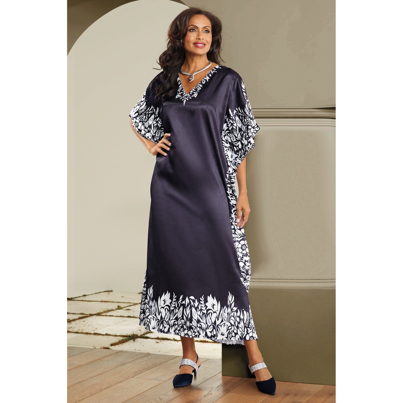 Mi Amor Long V-Neck Caftan with Floral Border - MIDNIGHT VELVET CATALOG