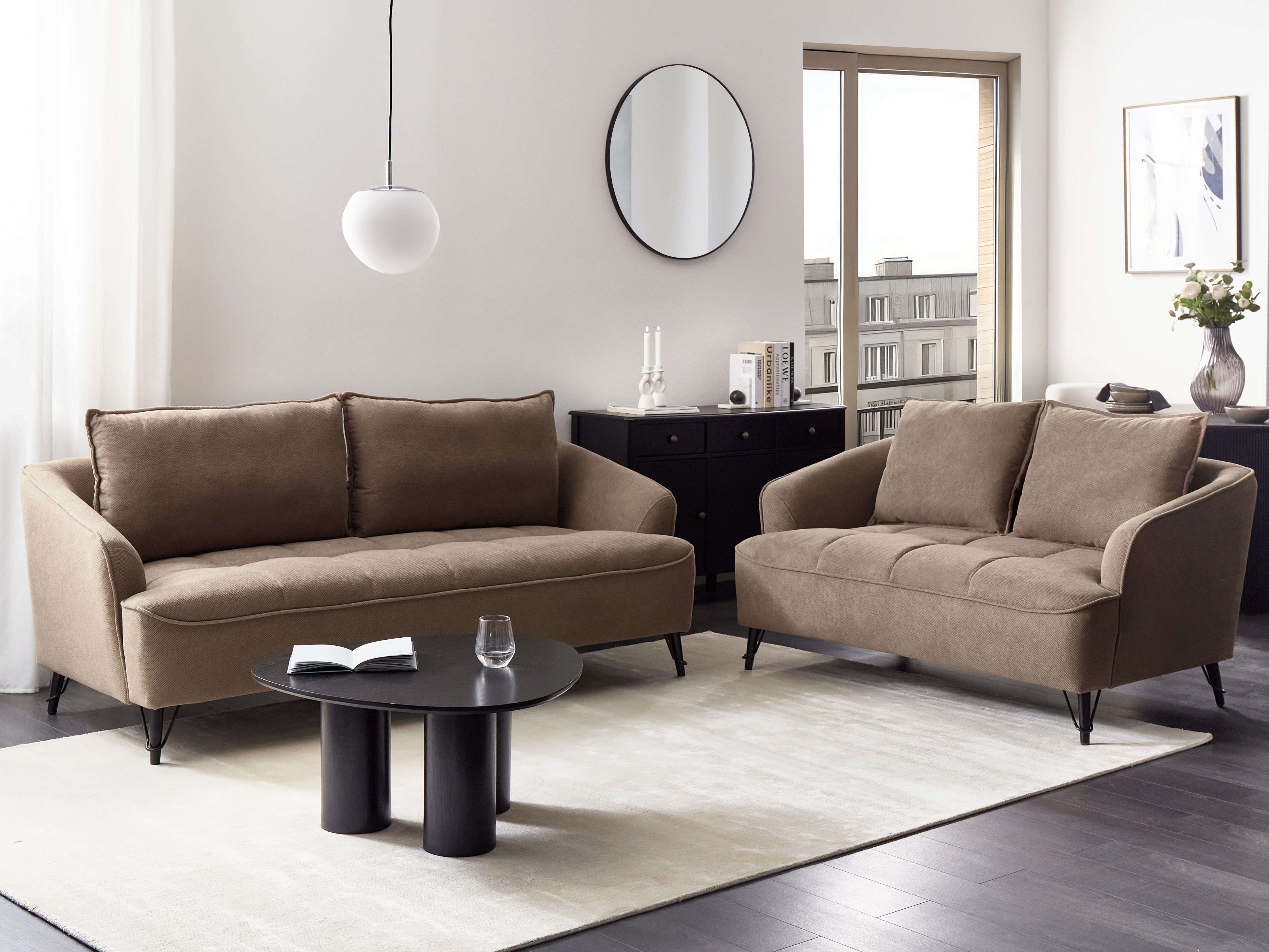 Living Room Set 5 Seater HOBRO Fabric Light Brown