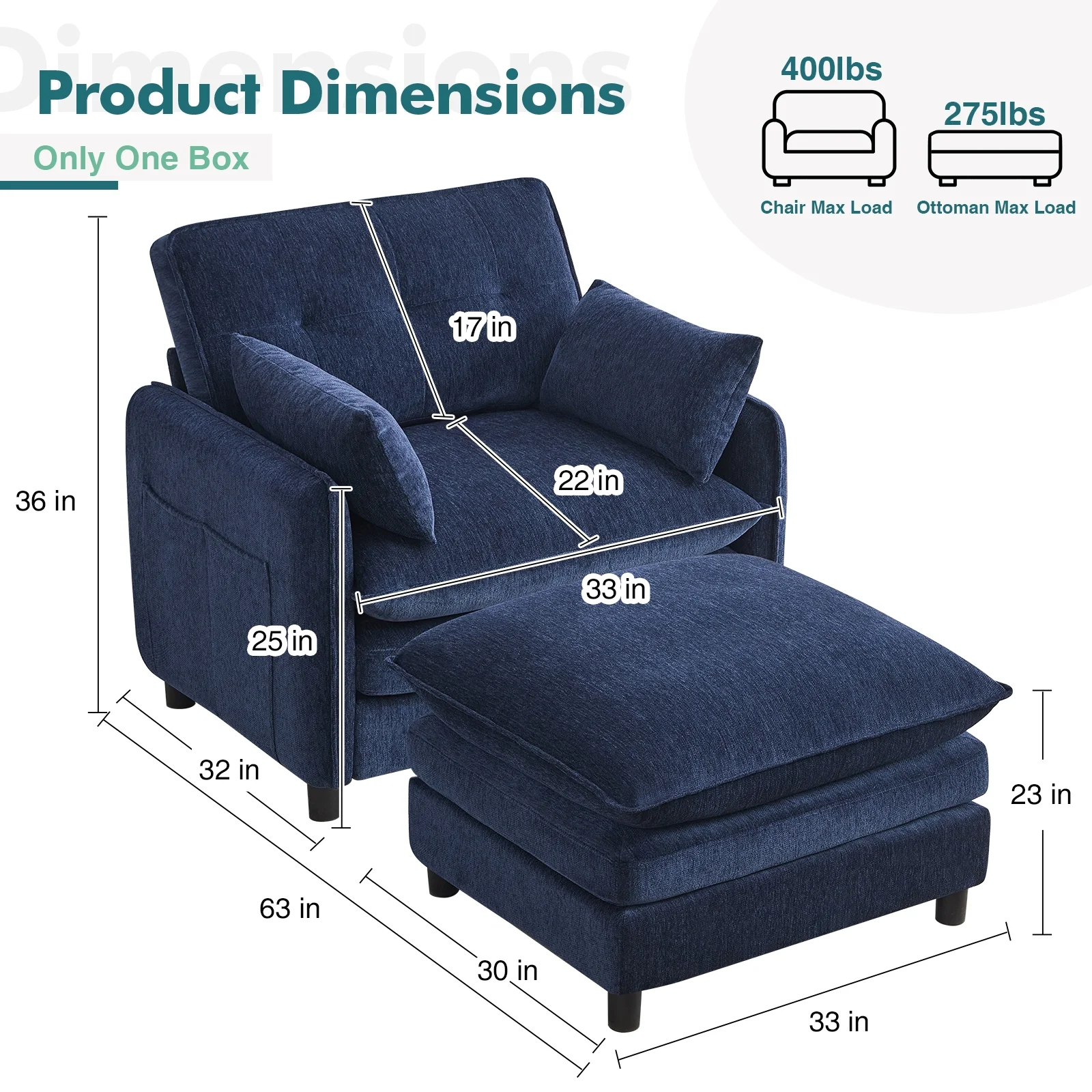 Aemeios Upholstered Chenille OversizedAccent Armchairs with Ottoman and Side Pocket, Cream - Image 16