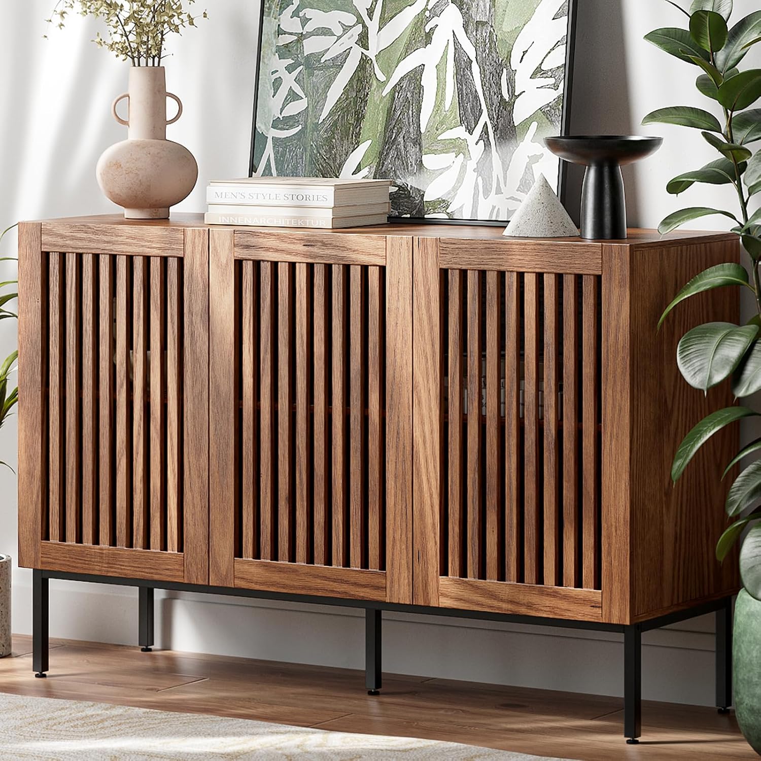 BVIUNTWO Buffet Cabinet, Modern Credenza Storage Cabinet with Adjustable Shelves and Metal Base, 47 Inch Wood Multifunctional Console Table for Kitchen, Living Room, Entryway, Brown
