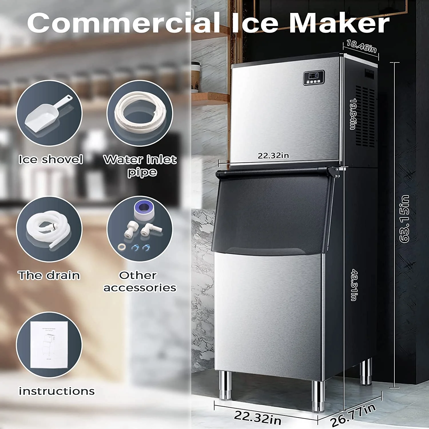 Auseo Commercial Ice Maker, 360 LBS/24H with 200LBS Large Storage Ice Bin, 160PCS in 8-15 Mins, Split Ice Machine with Automatic Cleaning for Large Restaurant/Bars