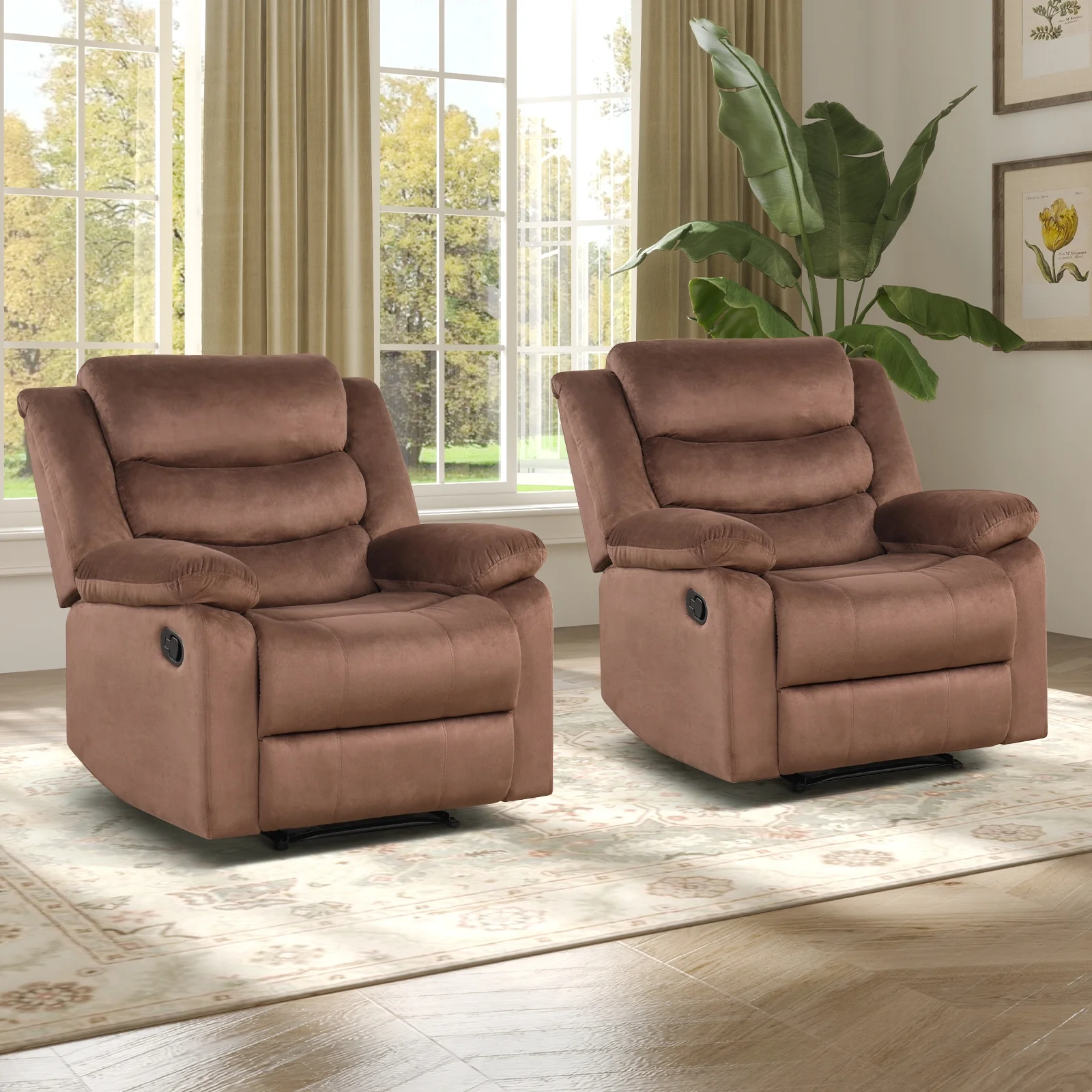 Bonzy Home Recliner Chairs for Living Room Overstuffed Breathable Fabric Reclining Chair Manual Sofa Brown - Image 32