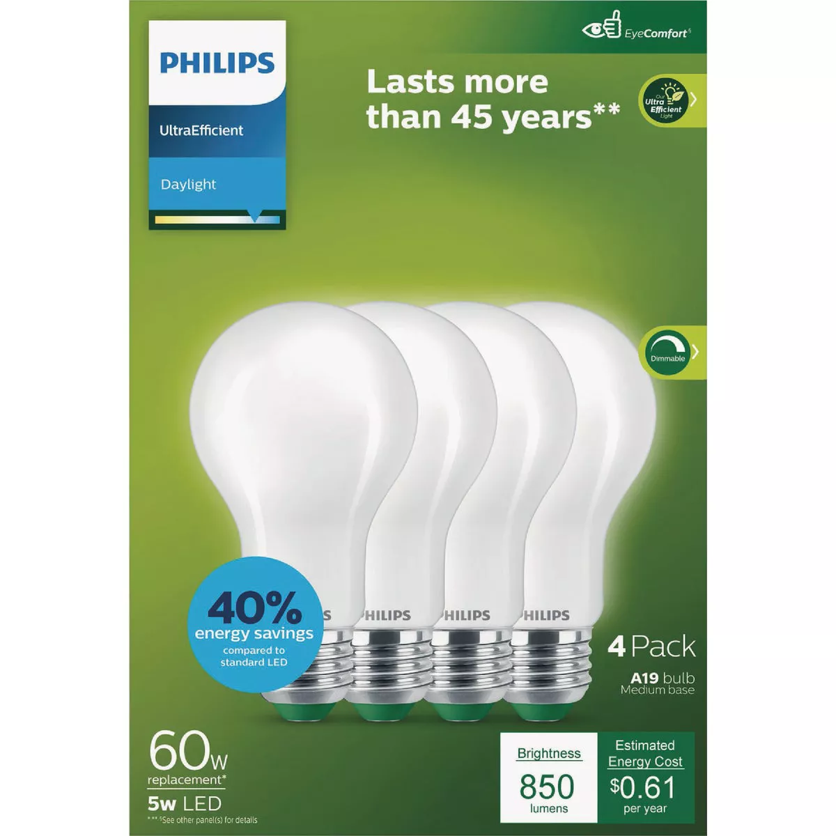 Philips Ultra Efficient 60W Equivalent Daylight Frosted A19 LED Bulb (4-Pack)