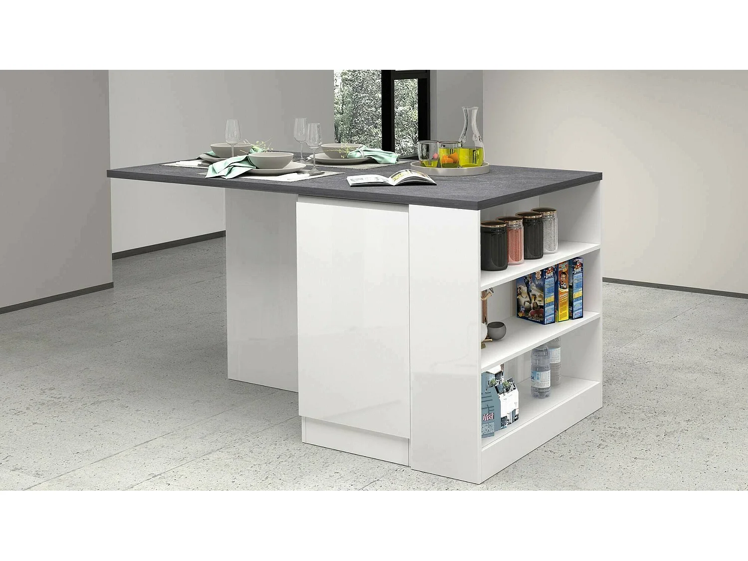 Îlot de cuisine Dcannaval, Armoire polyvalente, Meuble de kitchenette, Table auxiliaire, 100% Made in Italy, 160x90h90 cm, Blanc brillant et ardoise