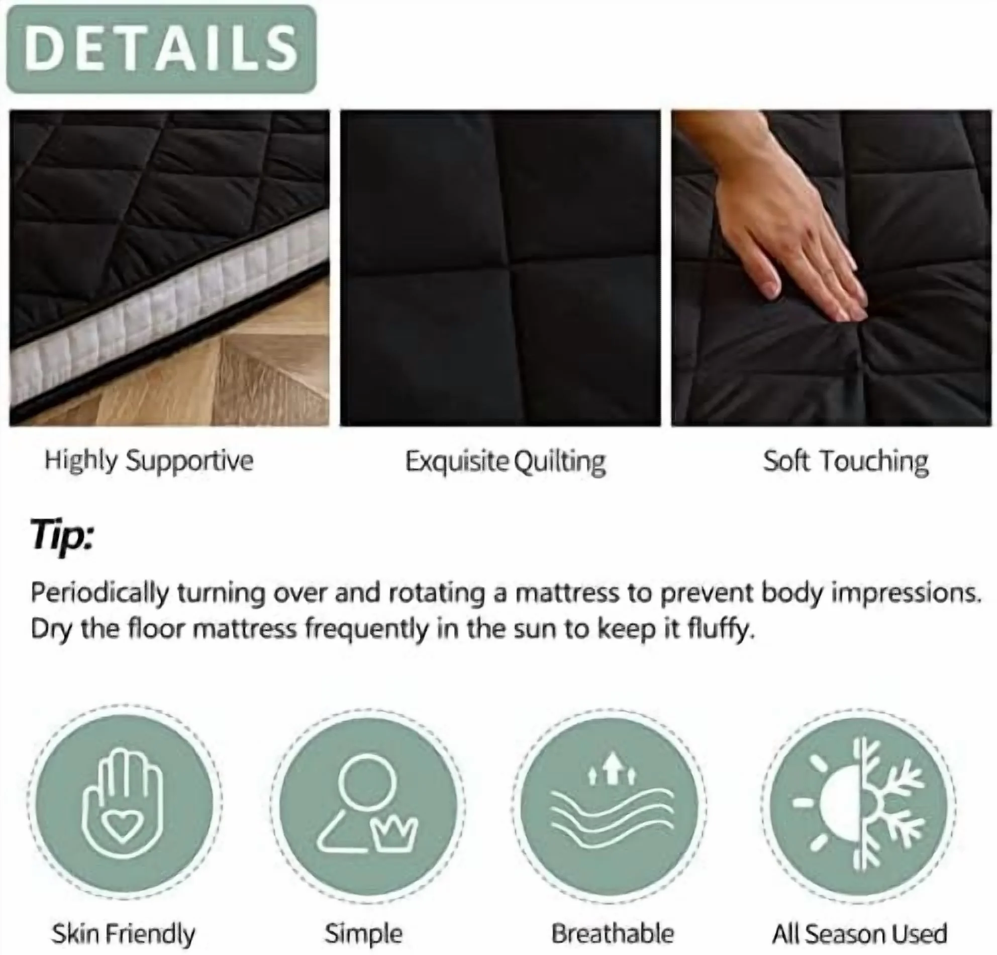 Japanese Floor Futon Mattress King Size, Floor Bed for Adults, Roll Up Folding Mattress, Diamond Patterned Japanese Futon Bed, Dark Grey - Image 7