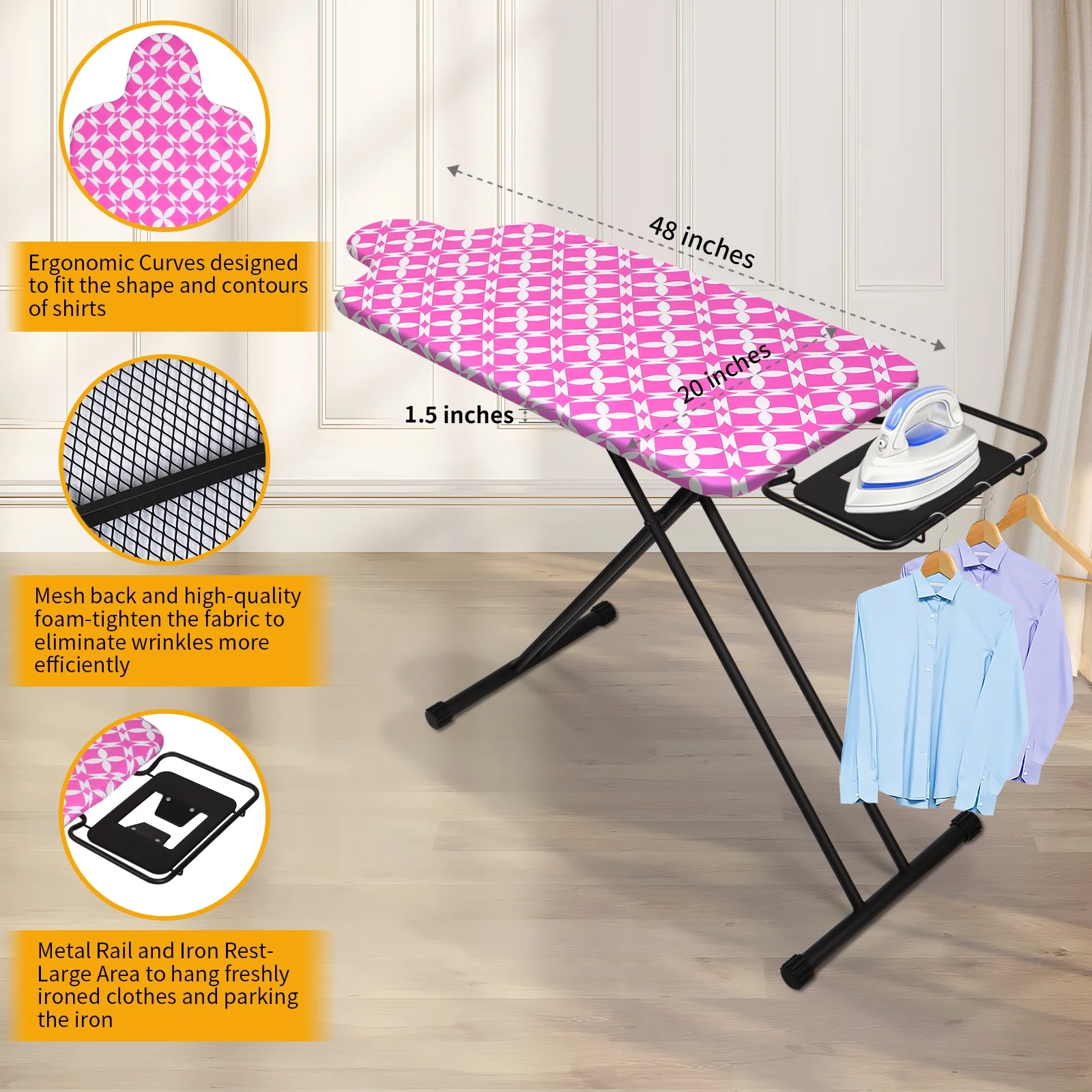 KDJ HOME Slieton Extra Large Ironing Board with Hang Rail, 20-Inch Wide - Image 13