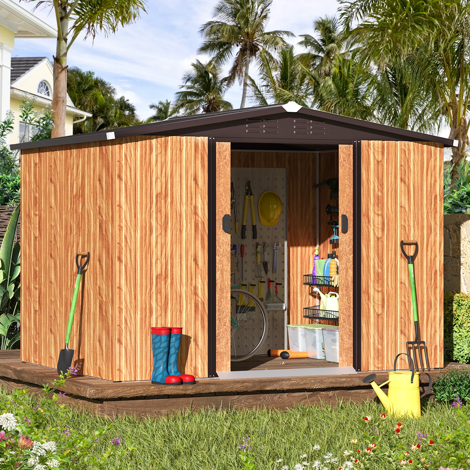 U-MAX 8 x 6 ft. Wood Grain Outdoor Metal Storage Shed With Lockable Door U-MAX 8 x 6 ft. Wood Grain Outdoor Metal Storage Shed With Lockable Door