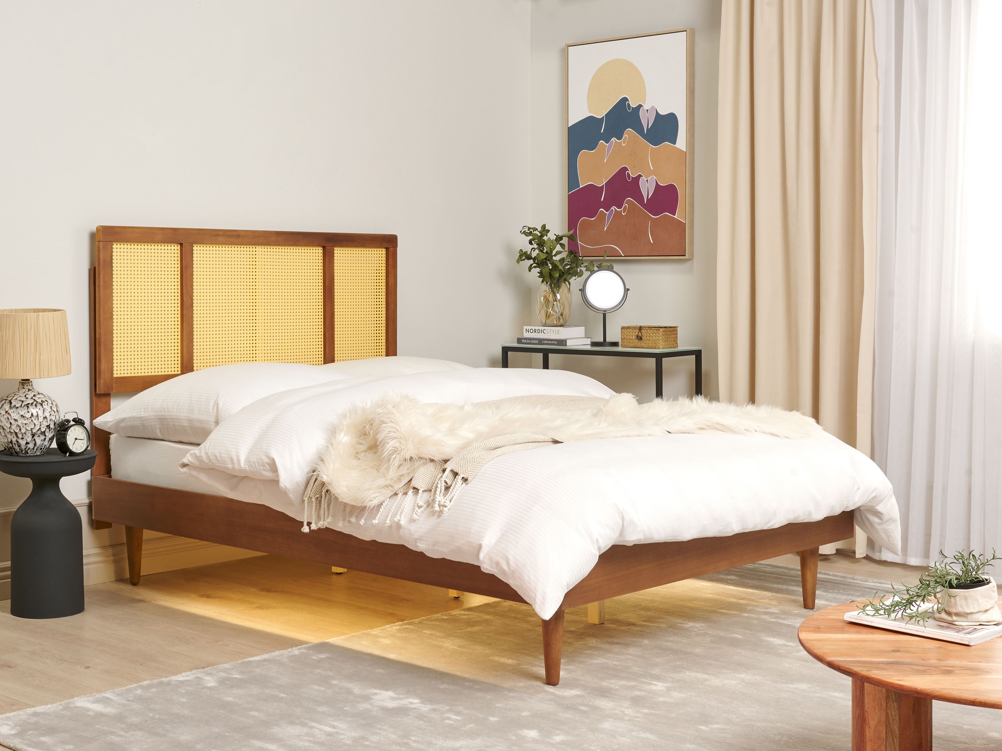 Bed with LED Rattan AURAY 140 x 200 cm (EU Double) Brown