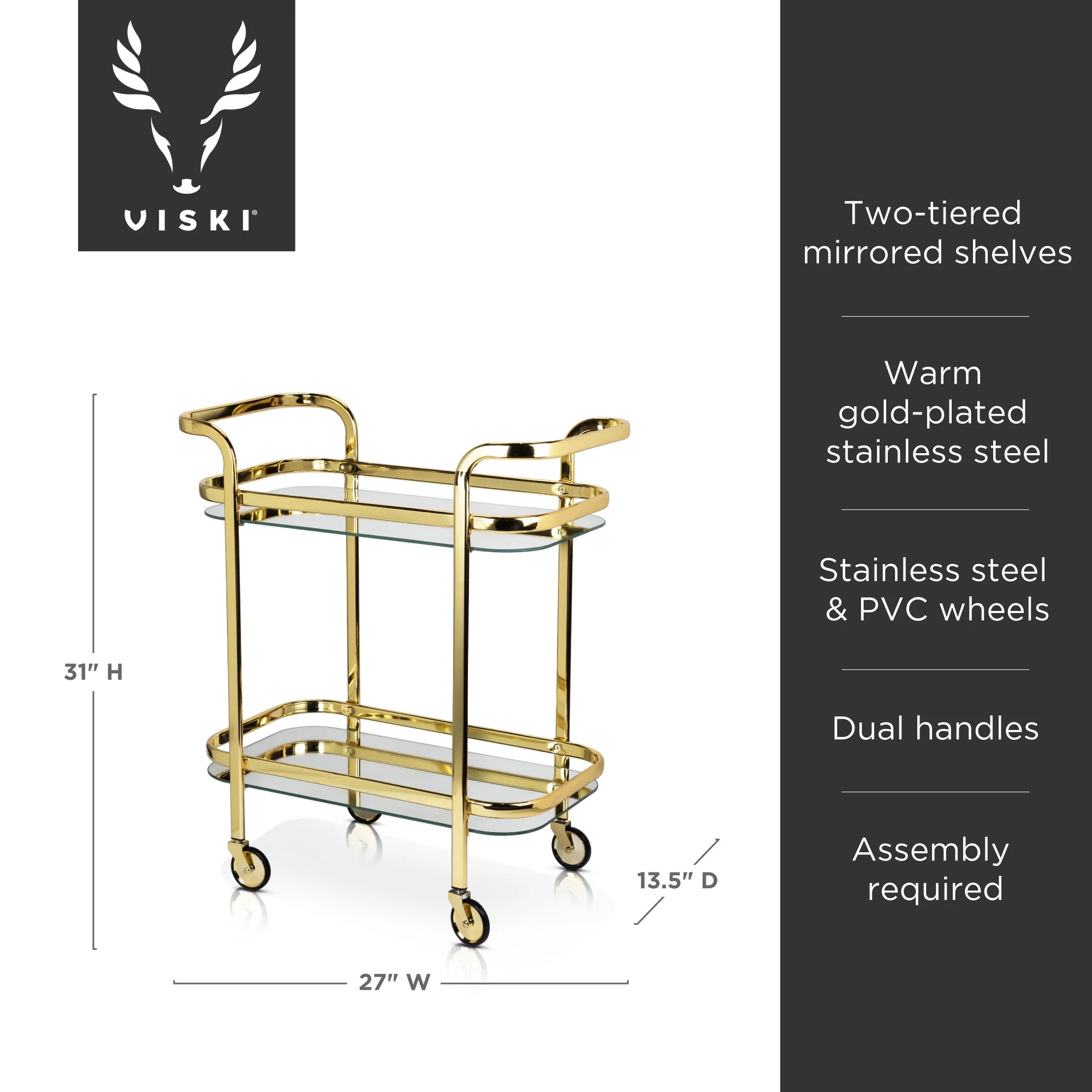 Viski Stainless Steel Bar Cart with Wheels, Mirror Shelves, Home Bar, Gold - Image 3