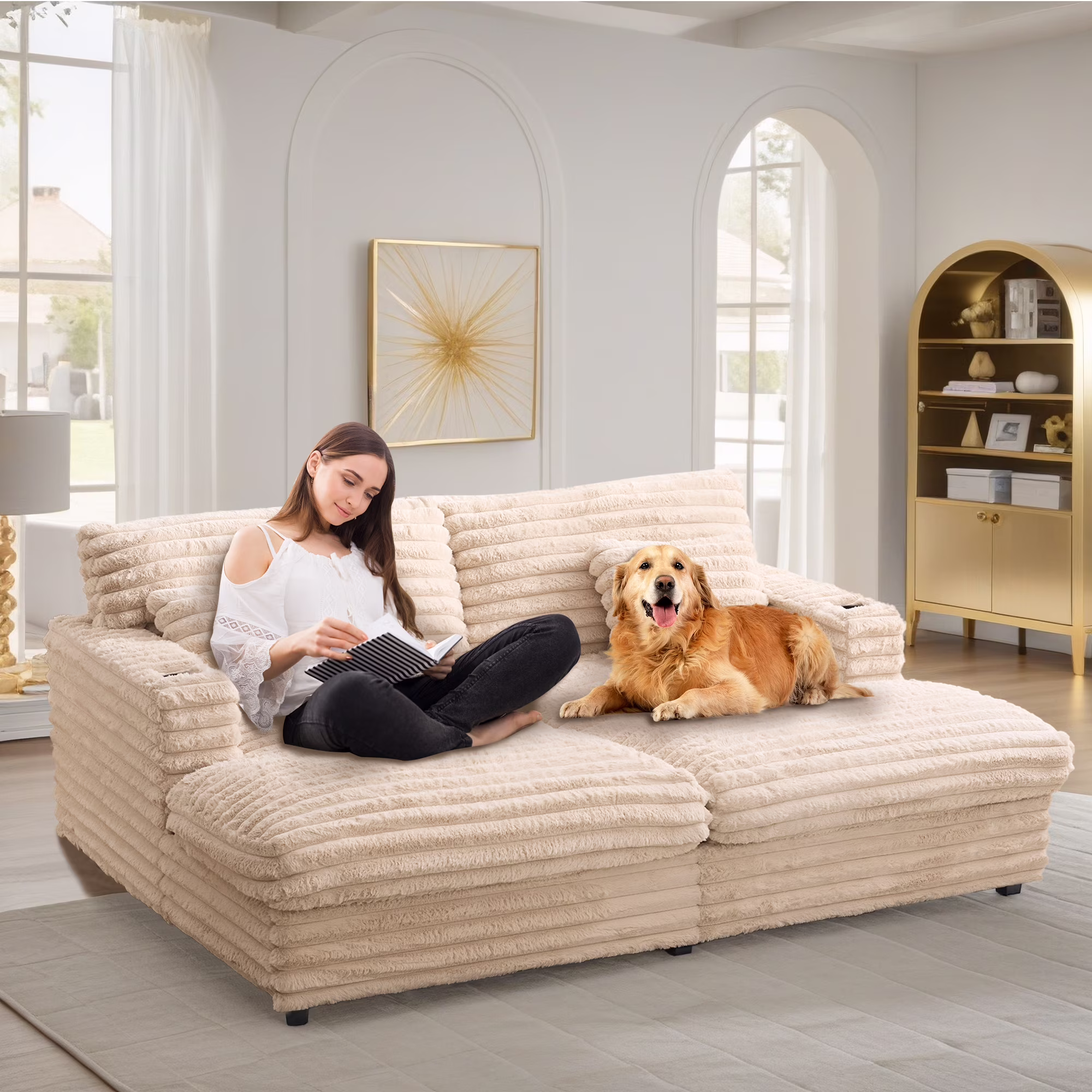 Oversized Double Chaise Lounge, Faux Fur Upholstered Deep Seat Sofa with 2 Pillows, 2 Cupholders, and Dual USB Ports - Image 5