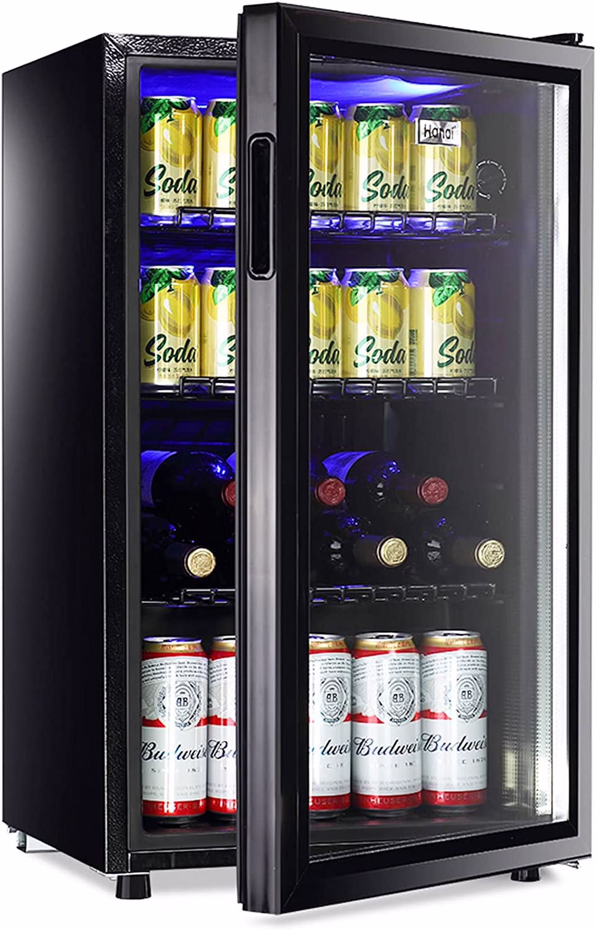 WANAI Compact Beverage Refrigerator, 100 Can Capacity, Glass Door, Black Stainless Steel