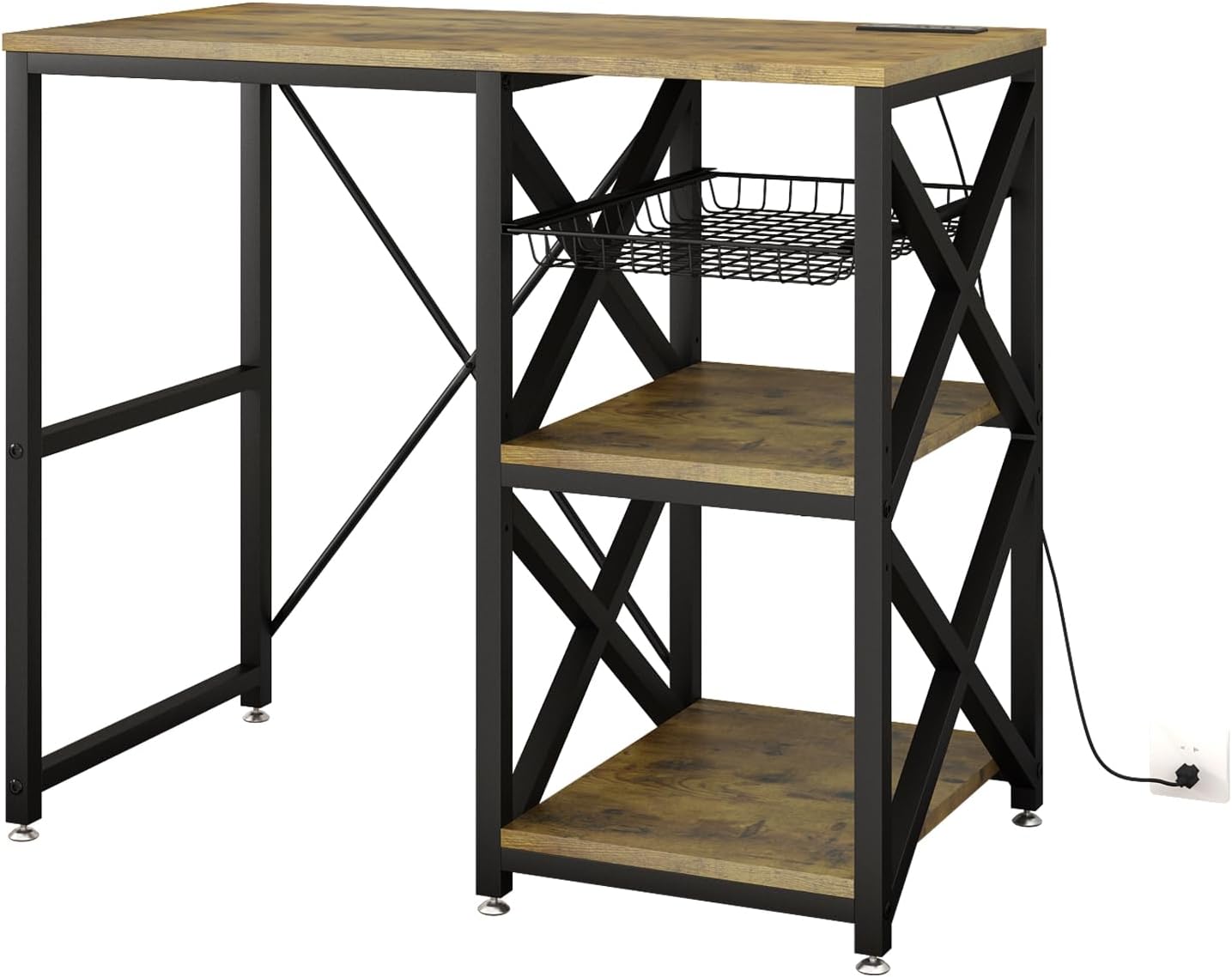 METYERRY Kitchen Bakers Rack with Power Outlet,Mini Fridge Cabinet with Mesh Basket, Mini Fridge and Microwave Table with Storage for Office,Kitchen,Living Room,Coffee Bar,Patio,Brown