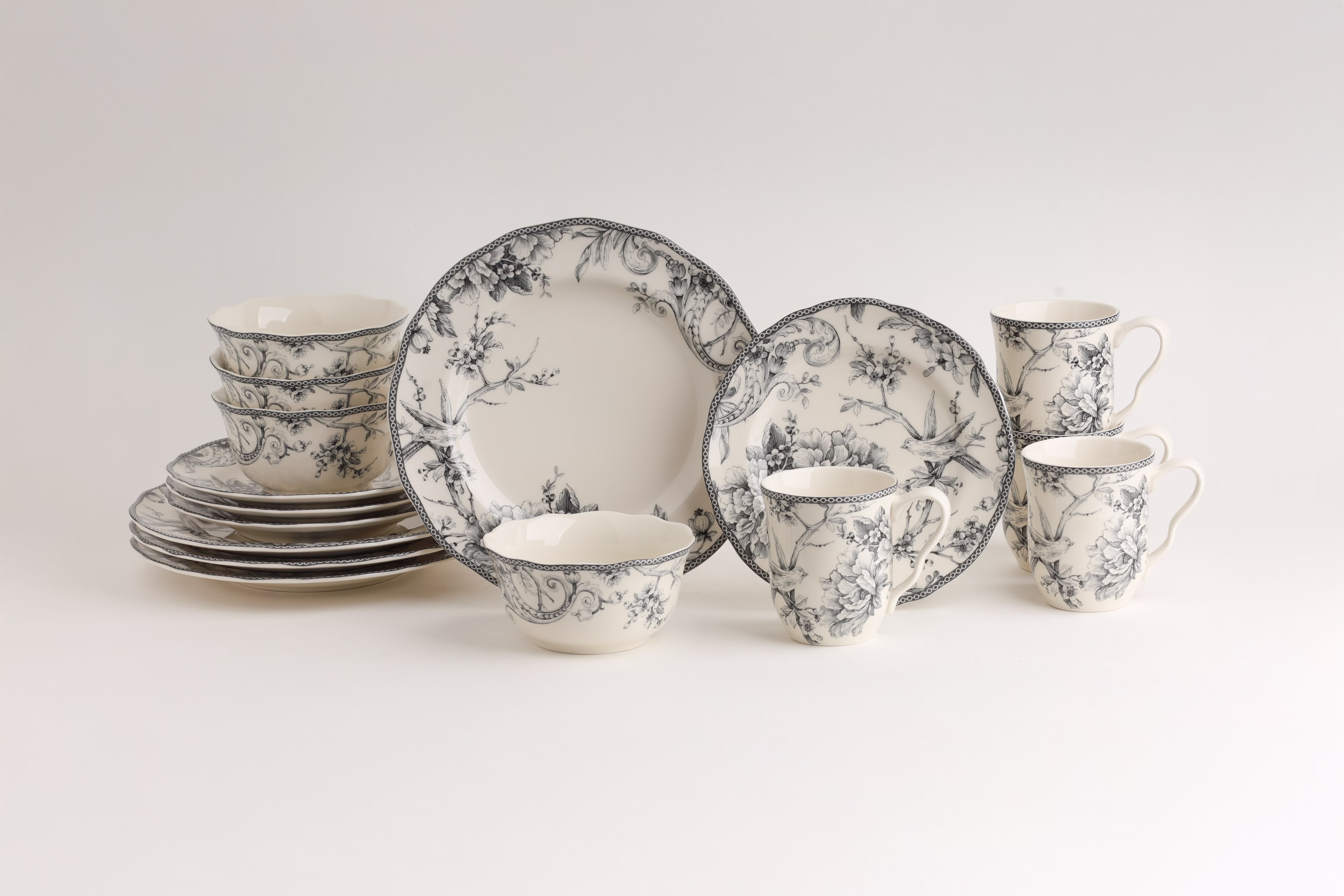 222 Fifth Adelaide Round 16-Piece Porcelain Dinnerware Set, Black Toile - Image 3