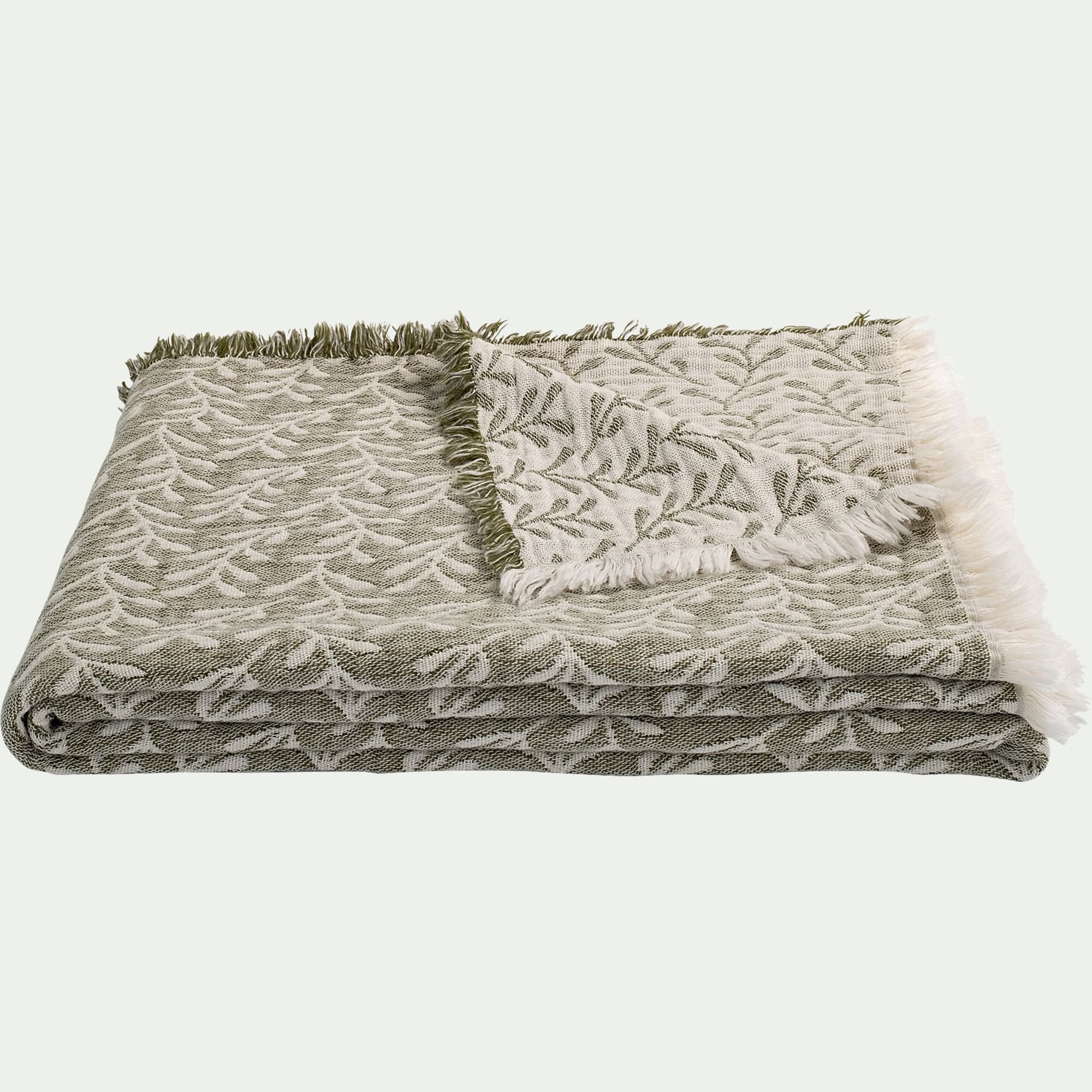 CALIMEA - Plaid en coton motif feuilles finition franges 130x170cm - vert