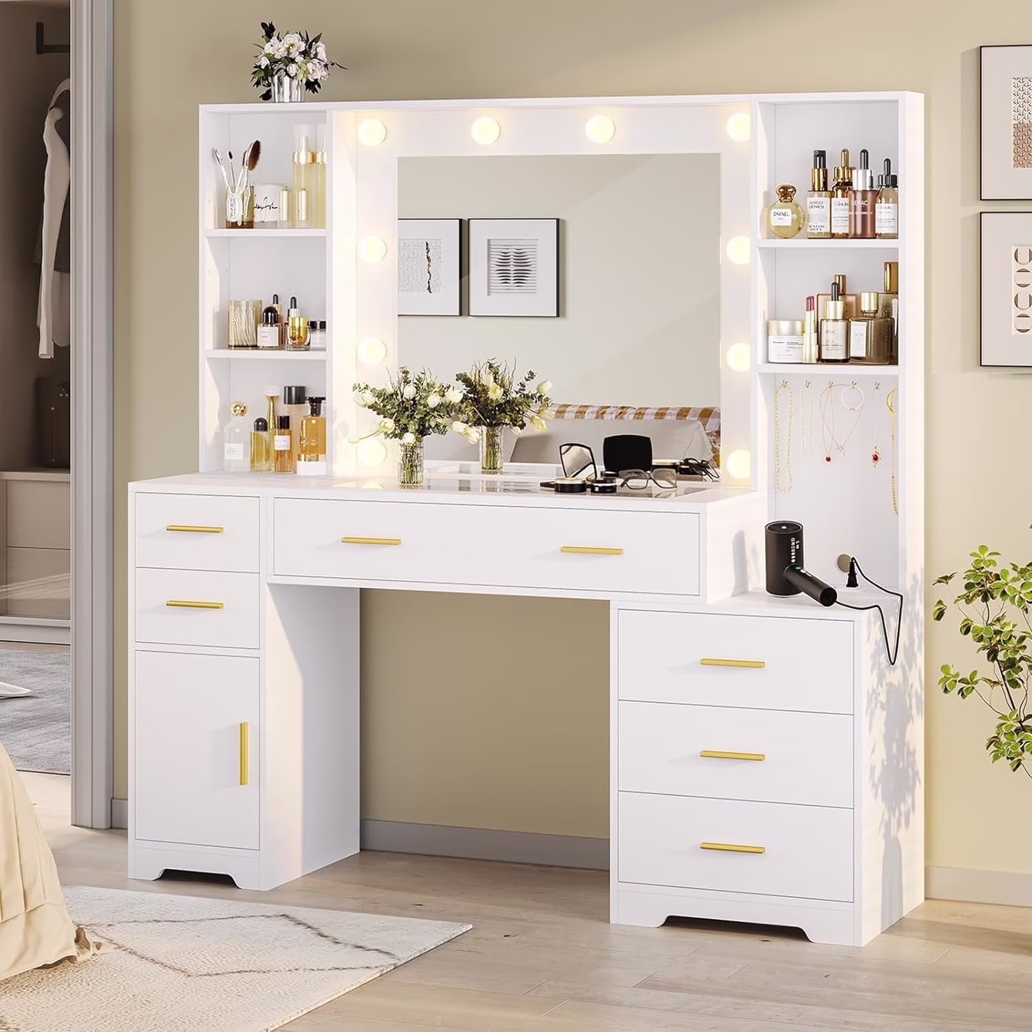 Makeup Vanity Desk with Lighted Mirror & Charging Stations & 6 Drawers Large Vanity Table Bedroom Dressing Table with Glass Tabletop&Side Cabinet&Glass Tabletop, Black - Image 7