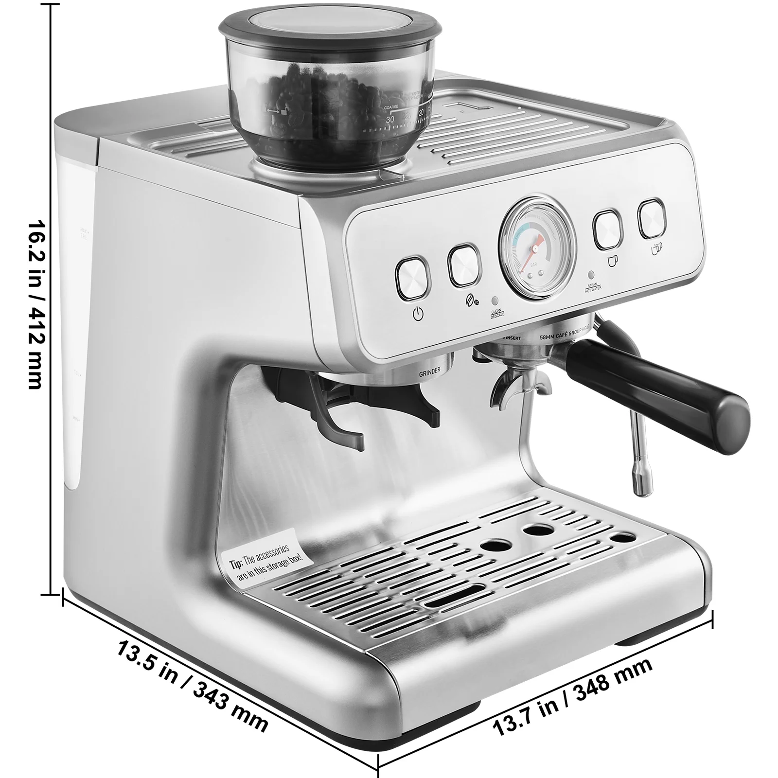 KFFKFF Semi-Automatic Espresso Maker with Grinder, 15 Bar, Includes Milk Frother Steam Wand, Detachable Water Tank & Pressure Gauge, for Cappuccino, Latte, Machiato, with PID Temperature Control