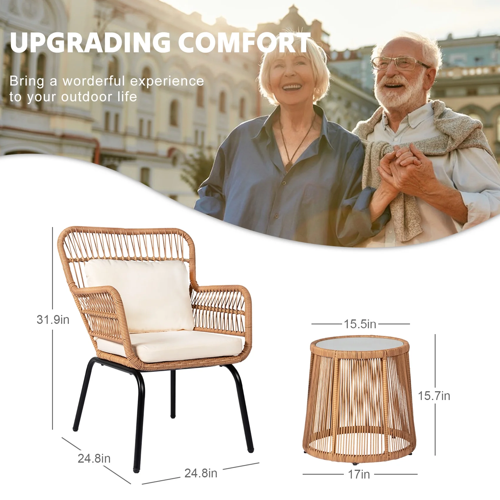 Tappio 3-Piece Patio Conversation Bistro Set Rattan Furniture, Outdoor Patio Set w/Glass Top Table & Cushions for Garden Balcony Backyard Poolside, Yellow/Beige - Image 8