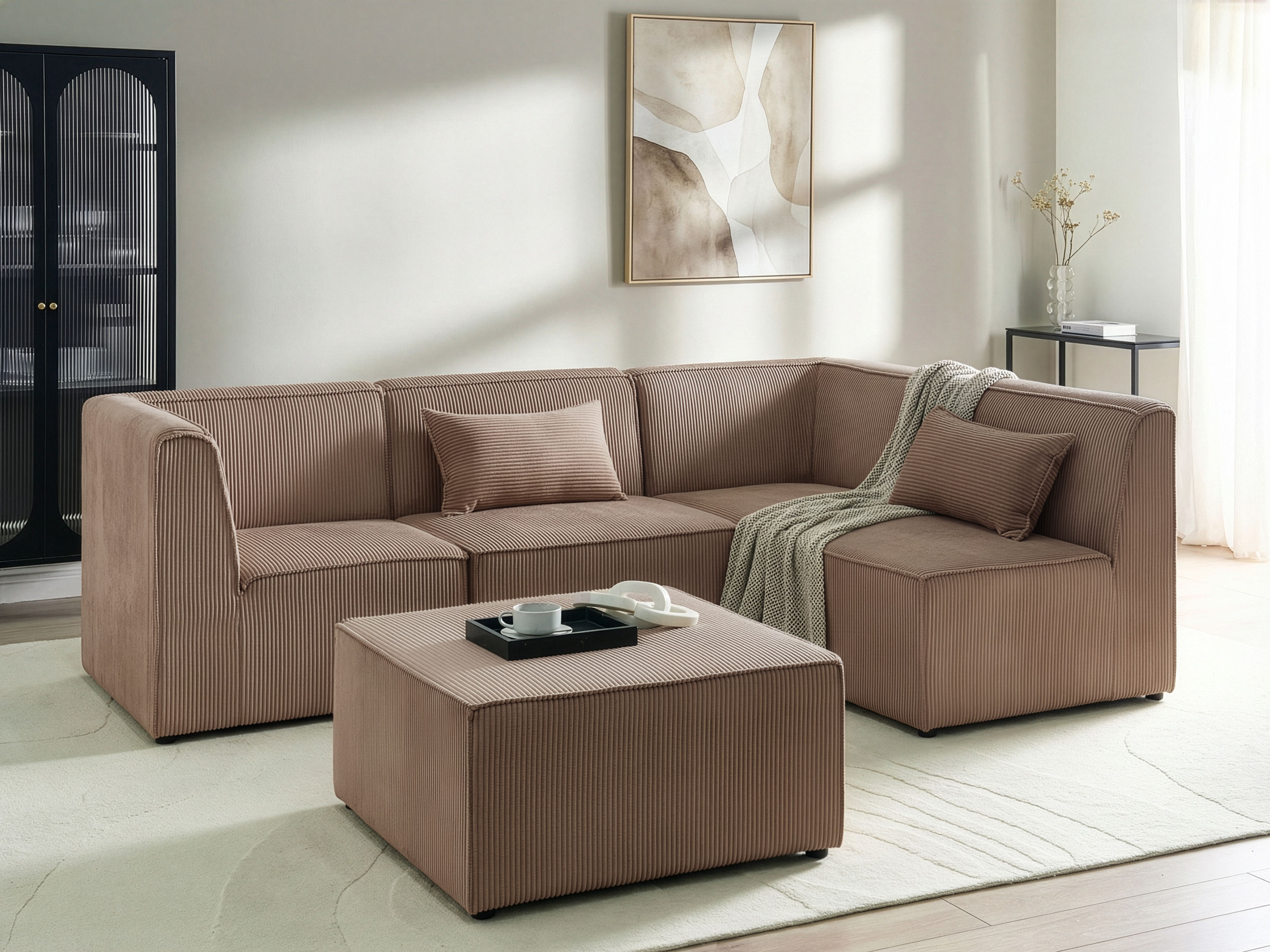 Modular Corner Sofa 4 Seater LEMVIG Corduroy Sand Beige with Ottoman Left Hand