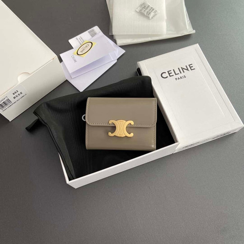 Celine TRIOMPHE shiny leather short wallet apricot