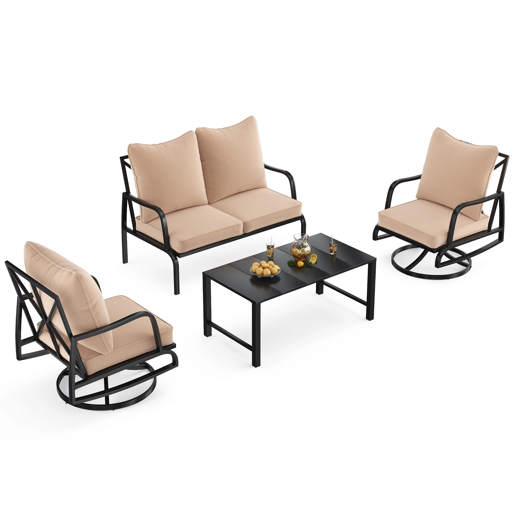 STARY Patio Furniture Set, 4 Piece Outdoor Patio Furniture Set, 2 x Outdoor Swivel Chair, 1 x 2-Seats Sofa and 1 x Coffee Table, Metal Conversation Set for Porch, Balcony, and Backyard