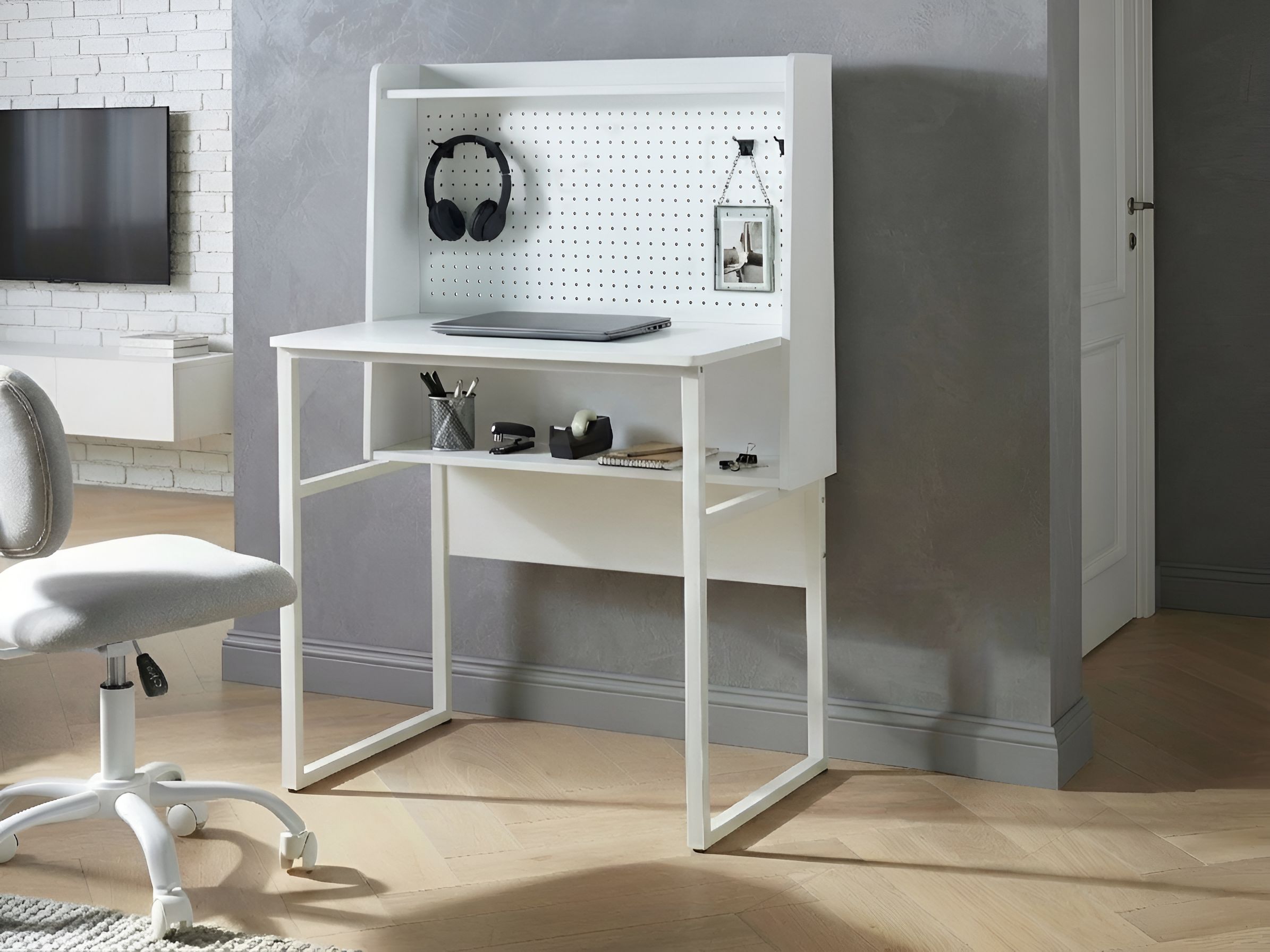 Home Office Desk with Pegboard BUXTON White 84 cm 48 cm