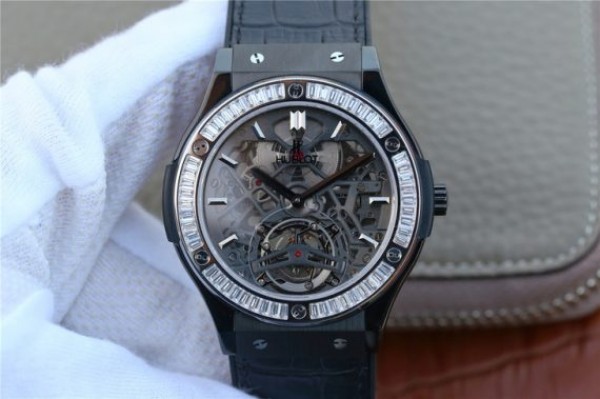Replica Hublot Classic Fusion Tourbillon 42mm TF SS PVD Diamonds Bezel Skeleton Dial Gummy Strap A23J - Top club