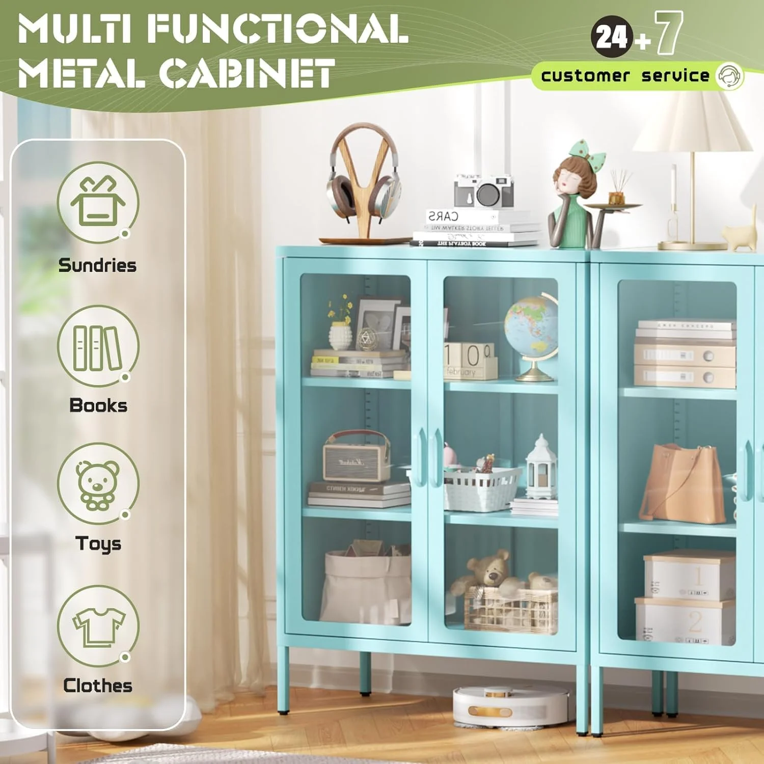 SUNCROWN Metal Storage Cabinet, Curio Display Cabinet with 2 Glass Display Door and 4 Shelves, Side Storage Organize, Modern Bookshelf Cabinet for livingroom, Bedroom, Kitchen, Black - Image 33