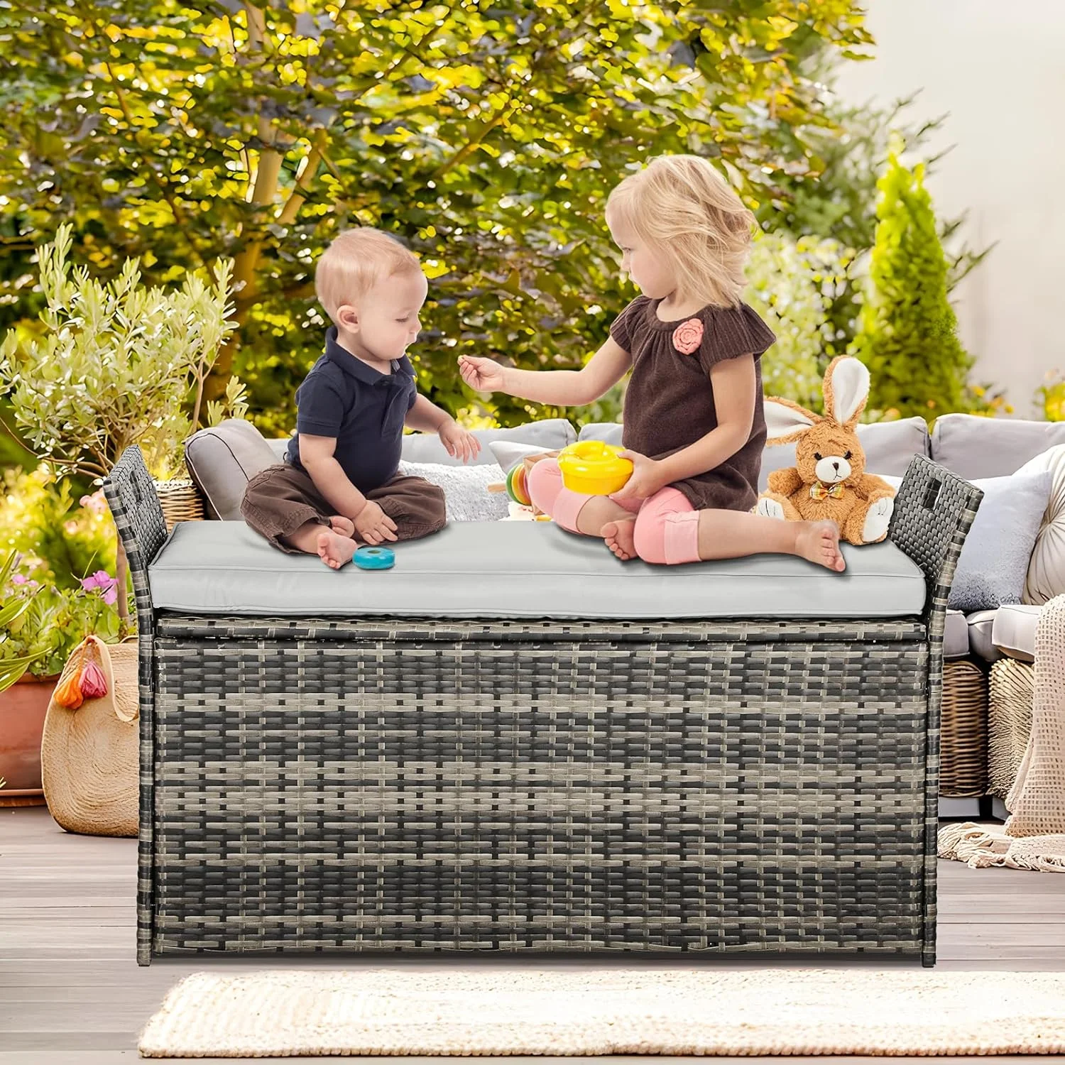 SOLAURA 90 Gallon Patio Wicker Storage Bench w/Cushion, Outdoor Rattan Deck Storage Box w/Handles & Hydraulics, Gray - Image 4