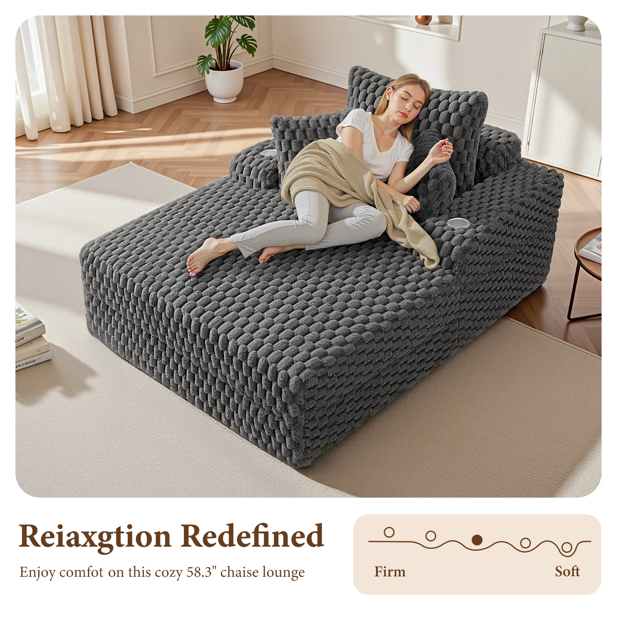 ATHOPE 53"W Oversized Chaise Lounge Chair Indoor, Corduroy Couch Chair with Pillows, Comfy Reading Chairs with Wide Arms, Upholstered Sleeper Sofa for Living Room, No Assembly Required, Gray - Image 42