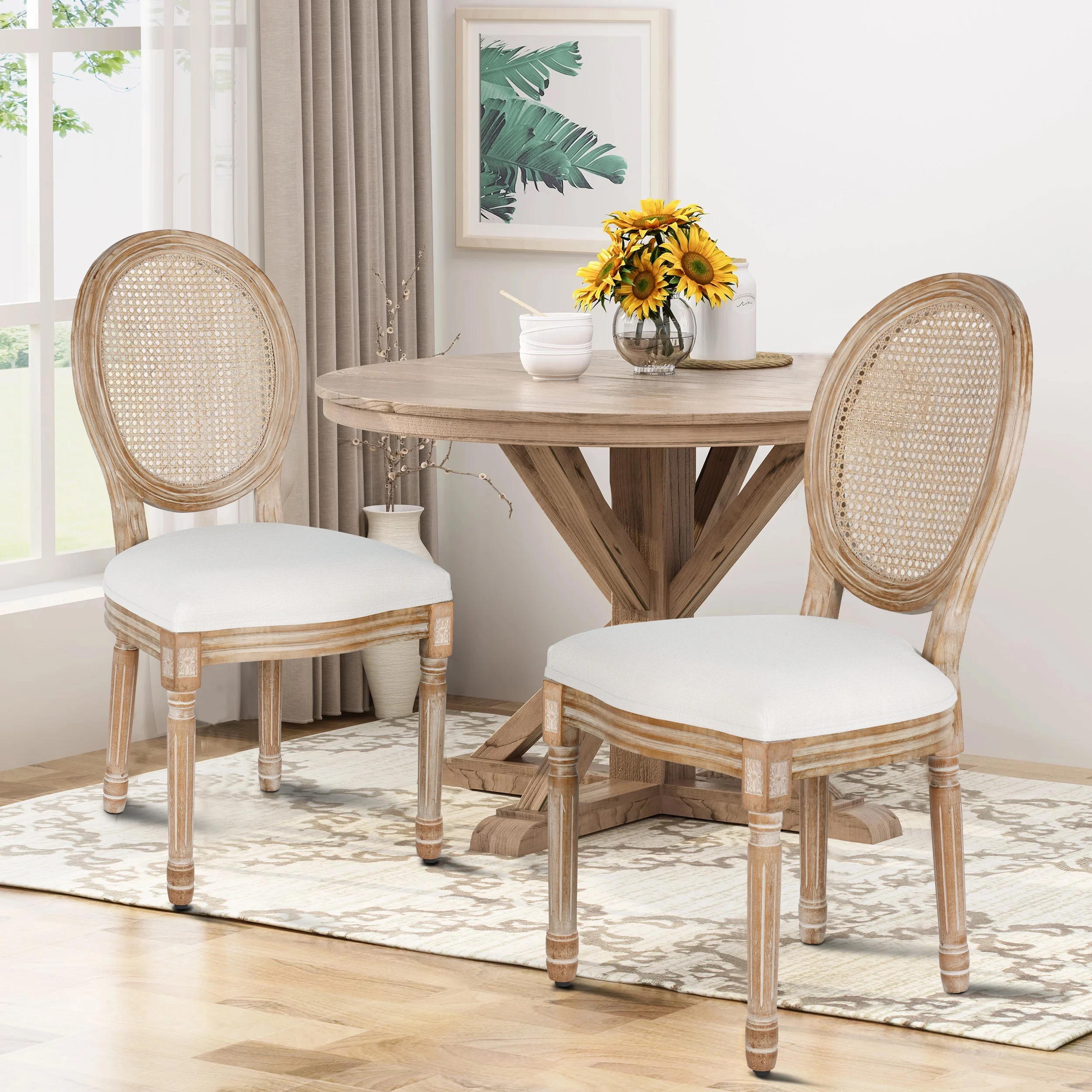 French Dining Chairs Set of 2 Beige Natural Fabric Round Back with Solid Wood Legs and Frame for Bedroom Dining Room Kitchen - Image 24