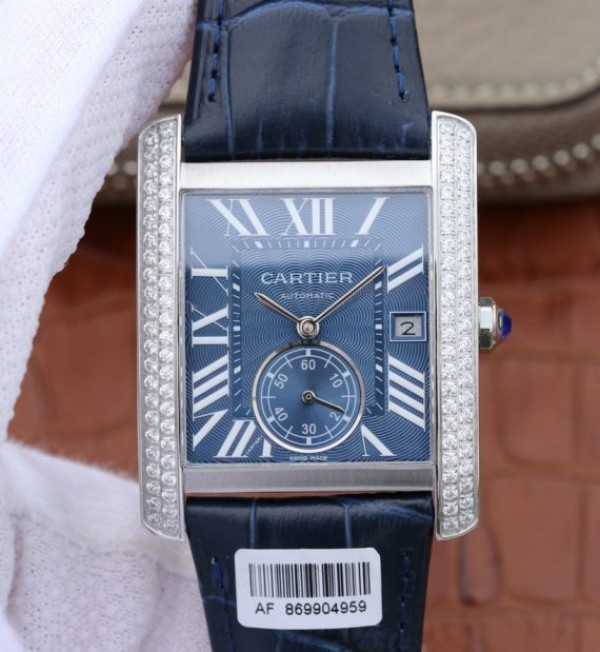 Replica Cartier Tank MC SS Blue Textured Dial Diamonds Bezel Leather Strap - Top club