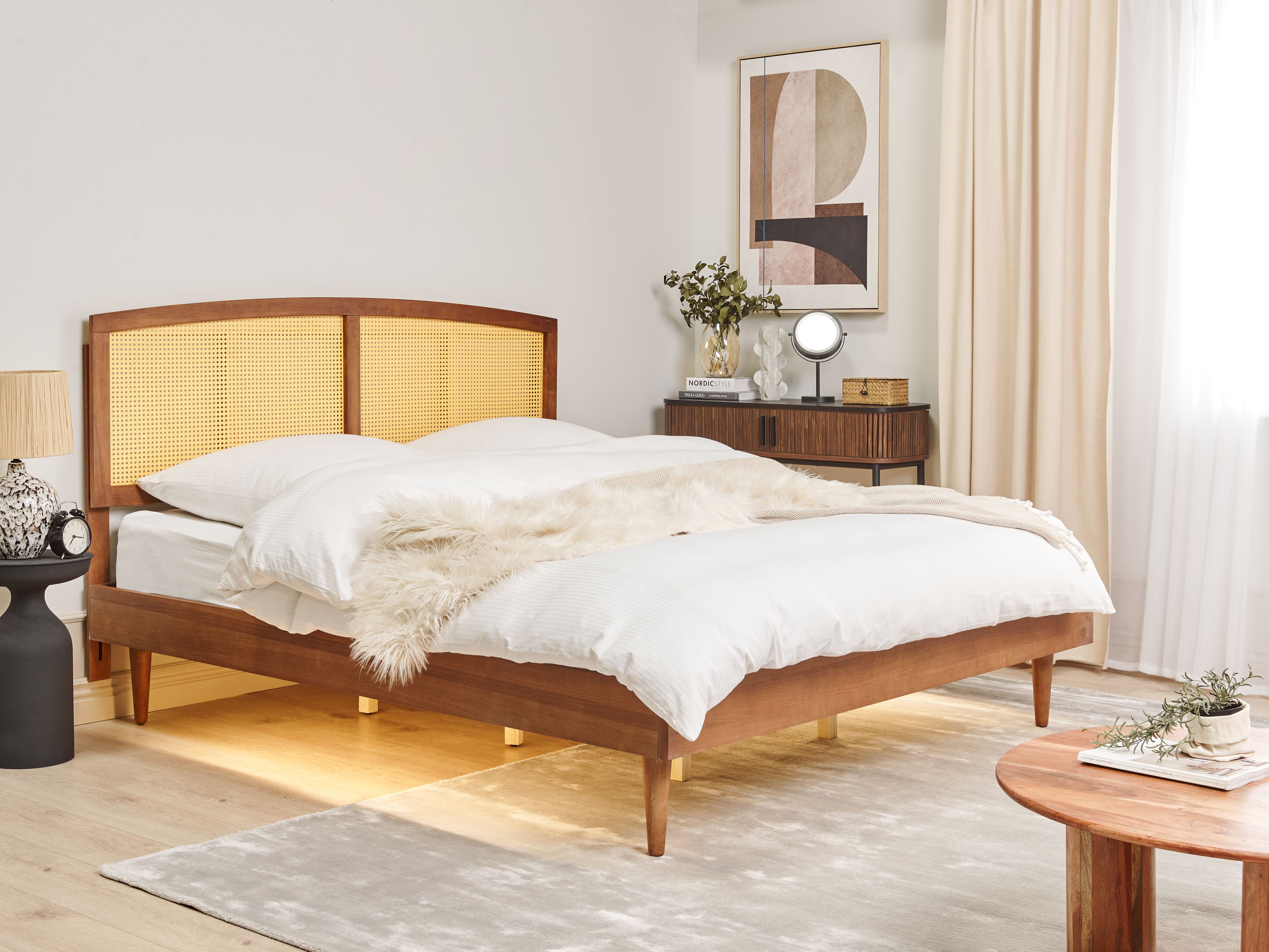 Bed with LED Rattan VARZY 180 x 200 cm (EU Super King) Brown