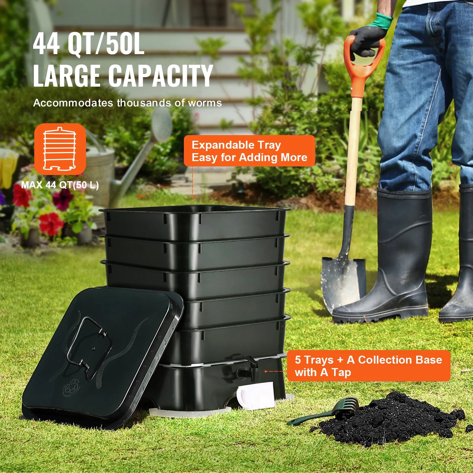 KFFKFF 5-Tier Worm Recycler, 50 L Indoor and Outdoor Worm Composting Container, Eco-Friendly Worm Cultivation Set, for Repurposing Kitchen Scraps, Worm Excreta, Worm Liquid - Image 5