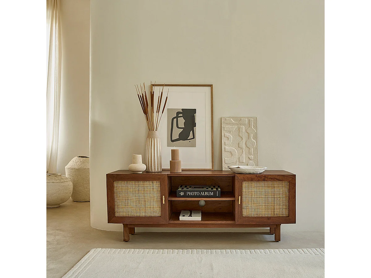 Meuble TV en bois massif et cannage 140 cm