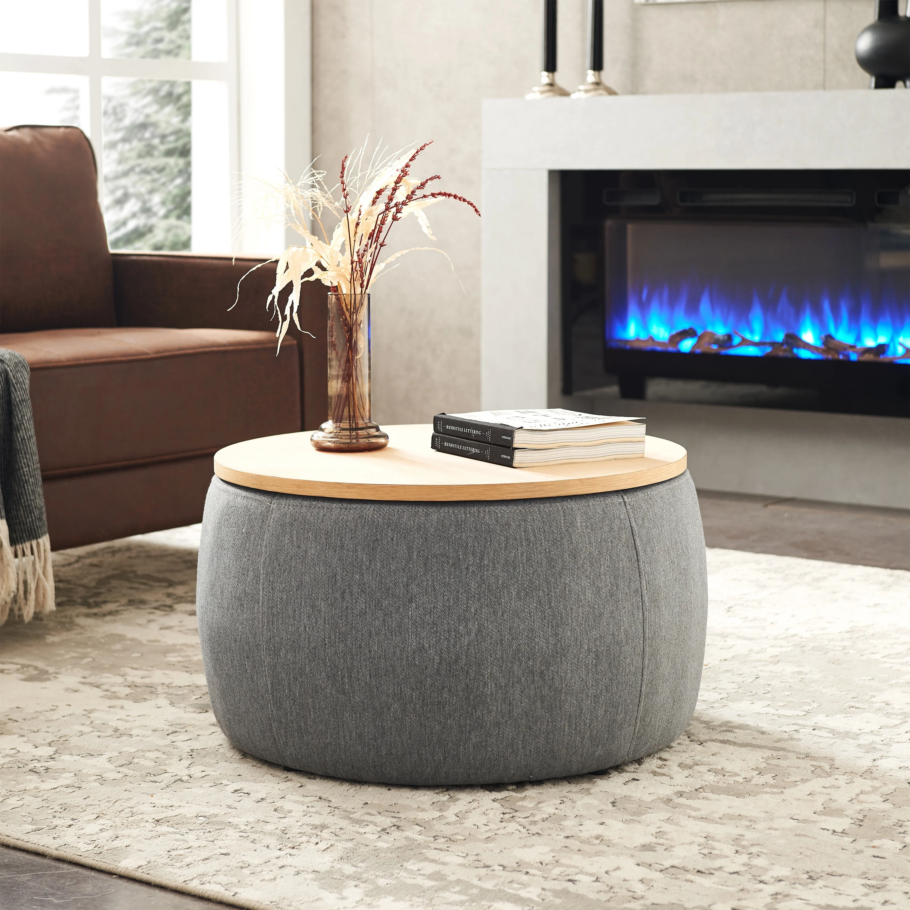 BTMWAYRound Coffee Table, 2 in 1 Round Storage Ottoman with Reversible Lid Tray, Upholstered Round Storage Ottoman Coffee Table with Storage, Footstool End Table for Living Room, Bedroom, Light Gray - Image 12