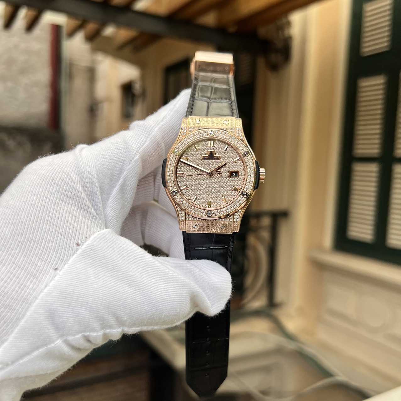 Hublot Classic Fusion King Gold Watch With Full Diamonds HBF Replica Watch 42mm - Elite Watch Atelier