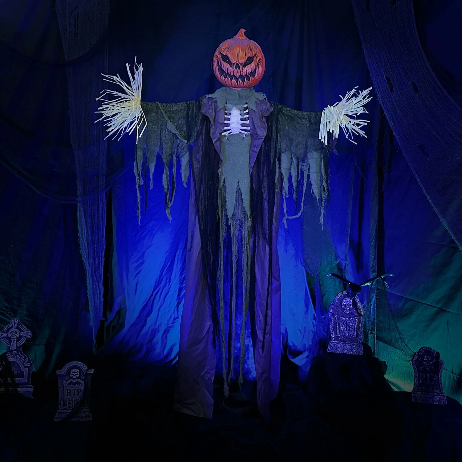 Haunted Hill Farm Life-Size Poseable 6.7-Ft. Pumpkin Scarecrow with Lights and Sound, Indoor or Covered Outdoor Halloween Decoration - Image 9 Haunted Hill Farm Life-Size Poseable 6.7-Ft. Pumpkin Scarecrow with Lights and Sound, Indoor or Covered Outdoor Halloween Decoration - Image 9