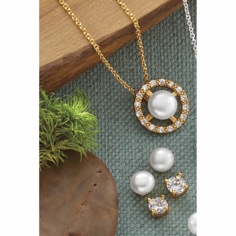 Pearl/Cubic Zirconia Pendant & 2-Pair Post Set - MIDNIGHT VELVET CATALOG