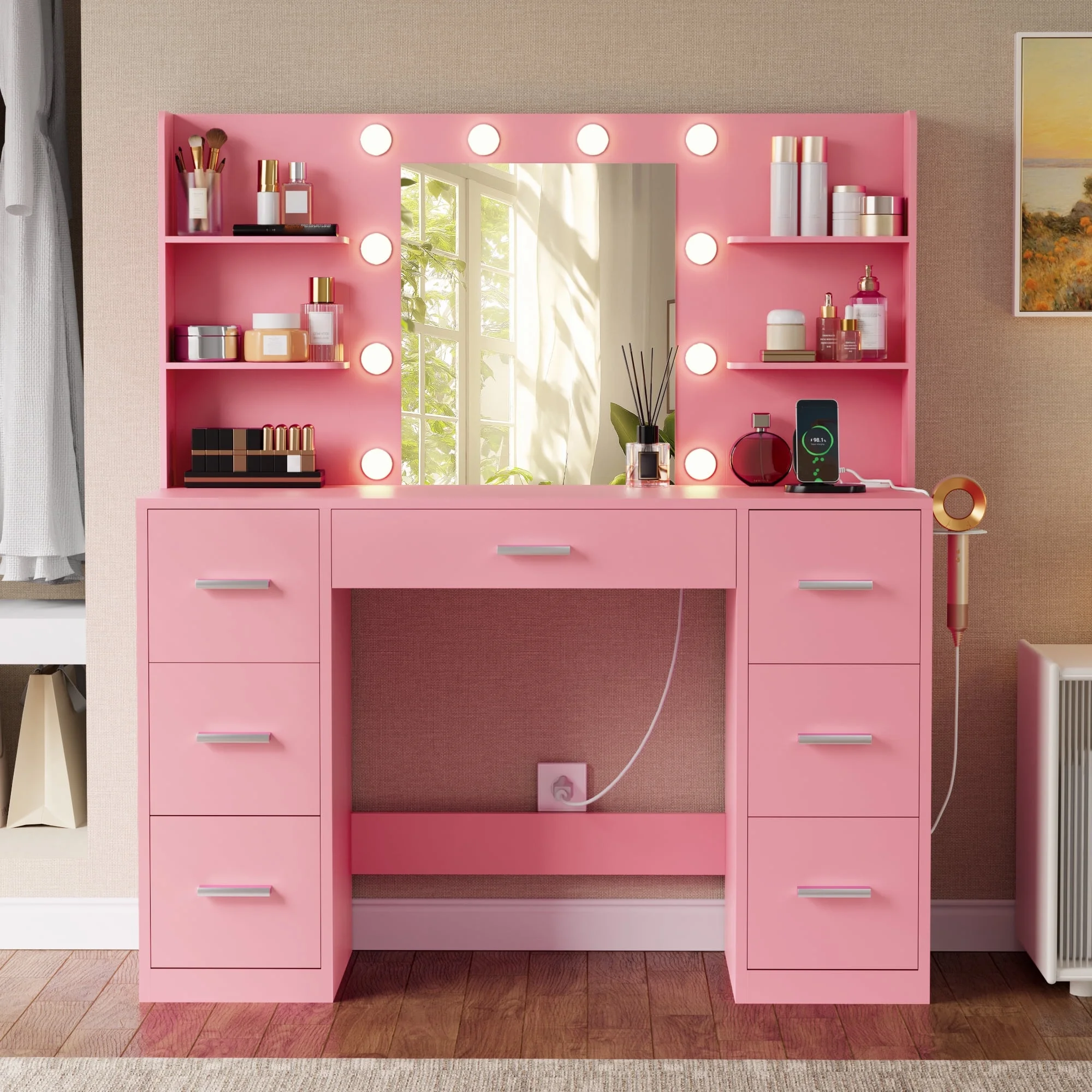 Lacoo Vanity Desk with Mirror and LED Lights, Makeup Vanity with 7 Drawers & 4 Shelves, Vanity Table with Power Outlet for Bedroom Dressing Room, White - Image 37