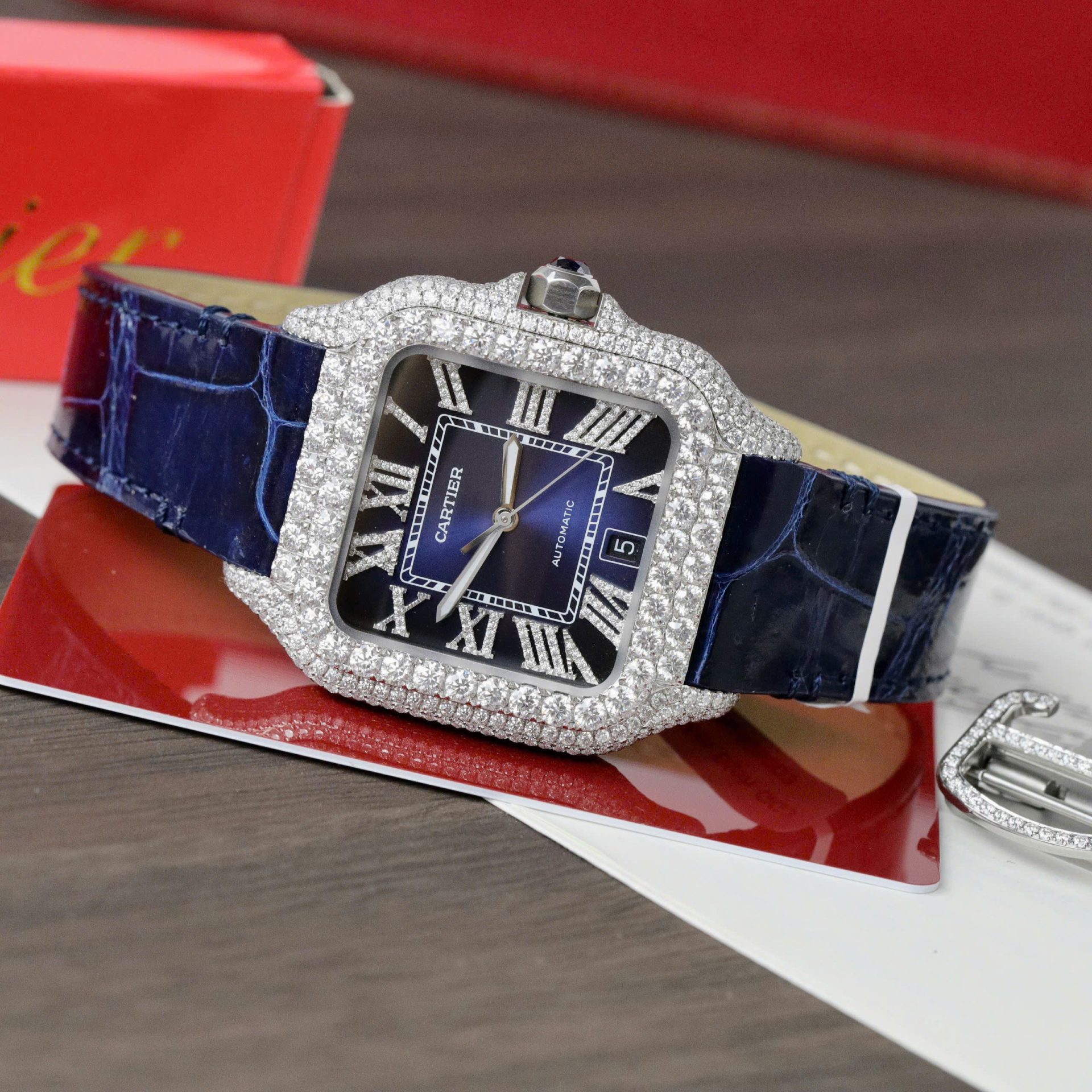 Cartier Santos Best Copies Watch Dial Blue Custom Diamonds Moissanite Hong Kong 39.8mm - Top club