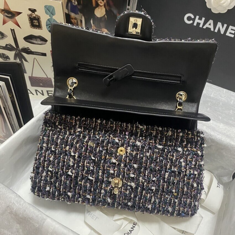 Replica Chanel Classic Flap Bag In Navy Blue Multicolor Glittered Tweed 11121:1High-quality replica