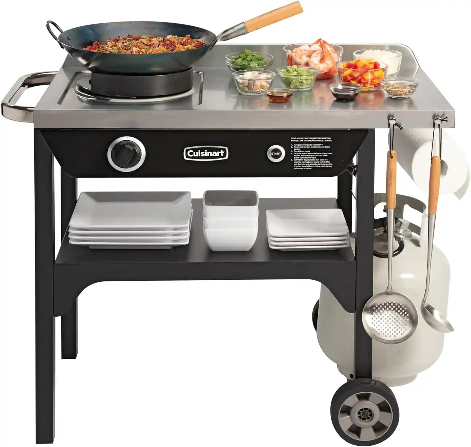 Cuisinart Outdoor Wok Station, 50,000 BTU Propane Outdoor Wok Burner w Prep Table, 14锟芥锟斤拷 Carbon Steel Wok for Stir Fry, Searing, BBQ 锟斤拷 Black